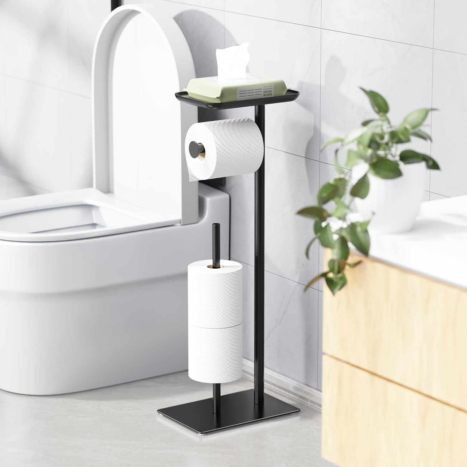 Freistehender Toilettenpapierhalter Mit Ablagefach Freistehender Toilettenpapierspender Fürs Badezimmer, Bietet Platz Für 4 Ersatzrollen, Silberfarben