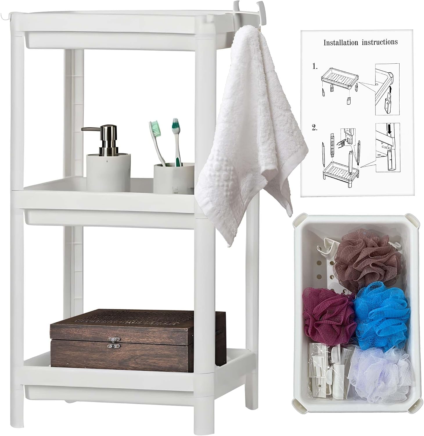 Dreistöckiger Duschorganizer Aus Kunststoff, 23 X 36 X 70 Cm. Badezimmerregal Mit Schwämmen Und Haken. Eck-badezimmerorganizer. Badezimmeraccessoires. Freistehend. Rostfrei.