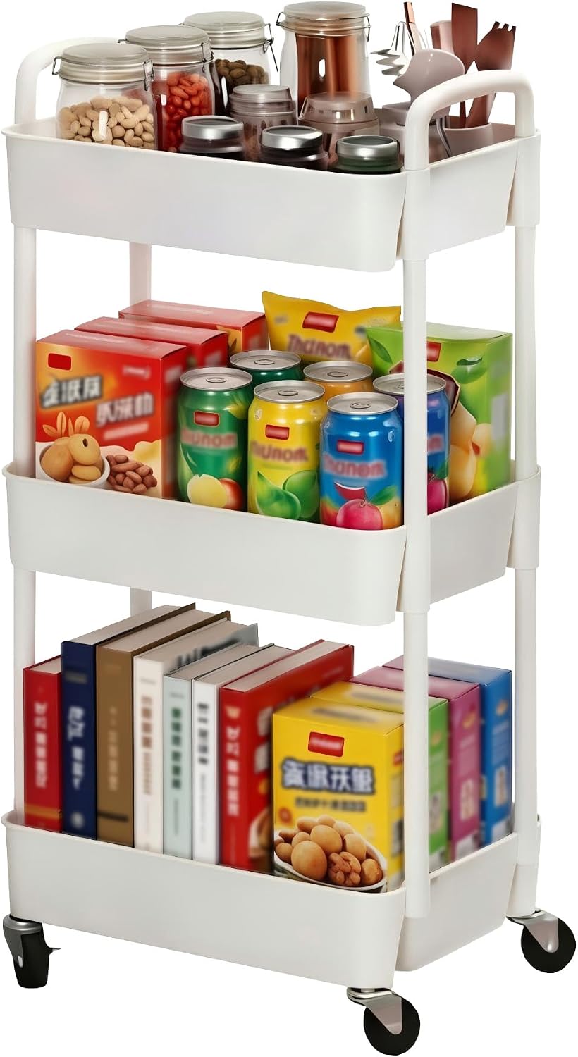 3-stöckiger Rollwagen Aus Weißem Kunststoff Multifunktionaler Aufbewahrungswagen Für Büro, Wohnzimmer, Küche, Bad, Mobiler Organizer, Platzsparend, Einfach Zu Montieren