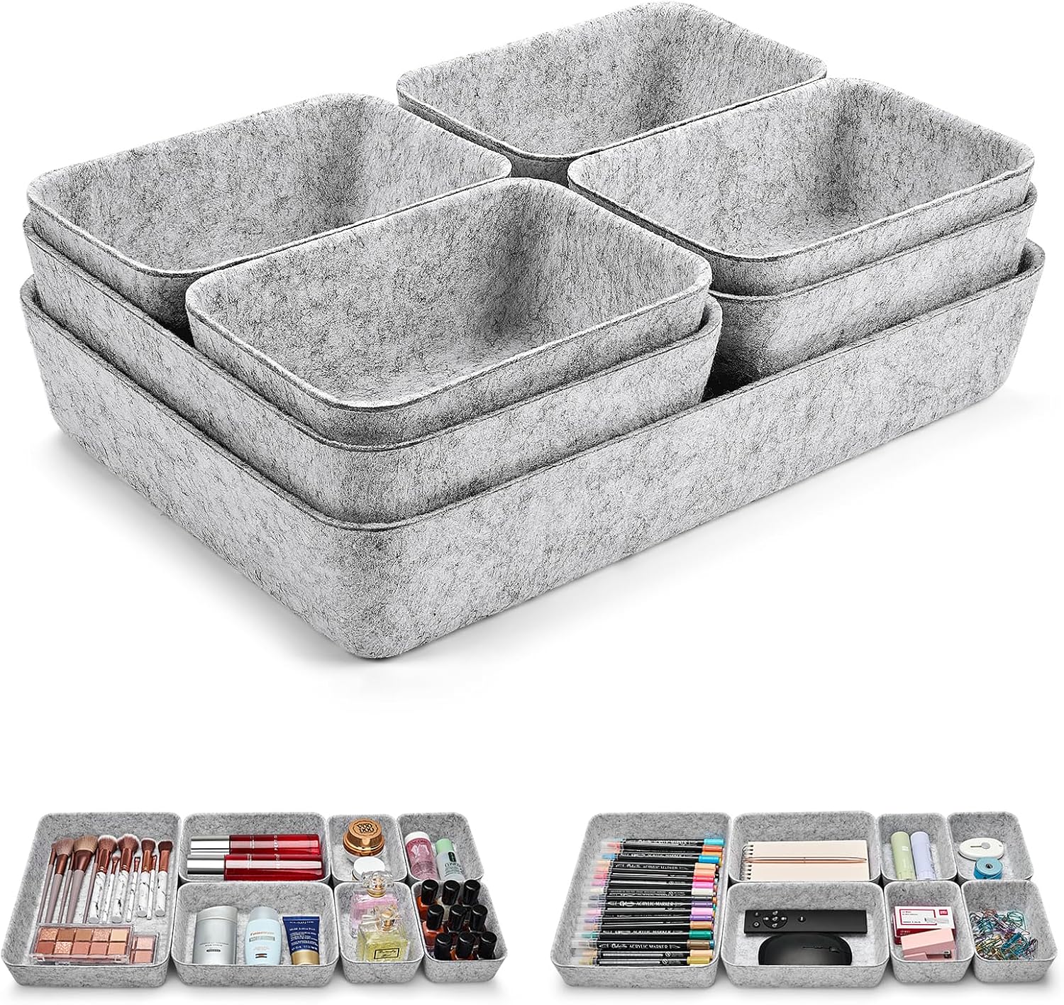 Set Mit 14 Aufbewahrungsschalen Für Büroschubladen - Grau Hochwertiger Filz, Stapelbar, Flexible Konfiguration, Ideal Für Bürobedarf, Make-up, Schmuck, Schreibwaren Und Toilettenartikel.