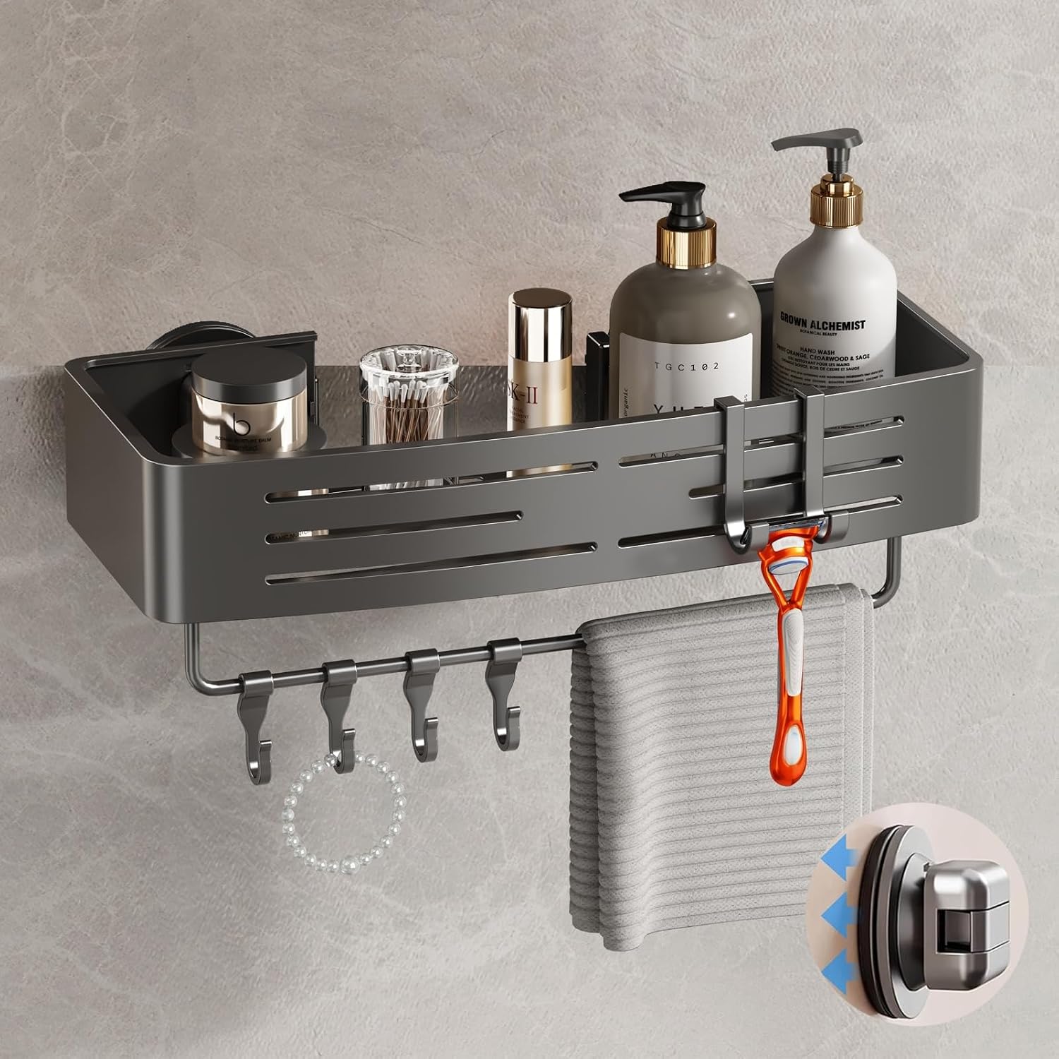 Duschablage Mit Saugnapf, 1 Stück, Für Die Duschkabine, Kein Bohren Erforderlich, Duschorganizer Aus Aluminium Mit Saugnapf, Handtuchhalter Und Haken, Abnehmbares Badezimmerregal (grau)
