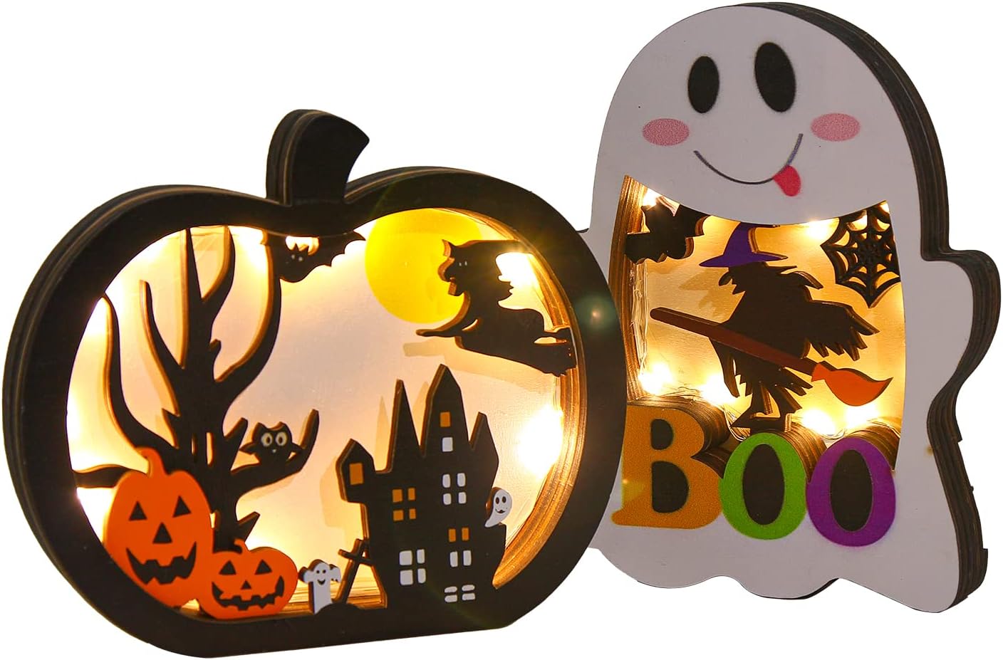 Beleuchteter Holzkürbis Für Halloween, Set Mit 2 Leuchtenden Geisterkürbissen, Laternen, Schattenboxen, Halloween-tischdekorationen