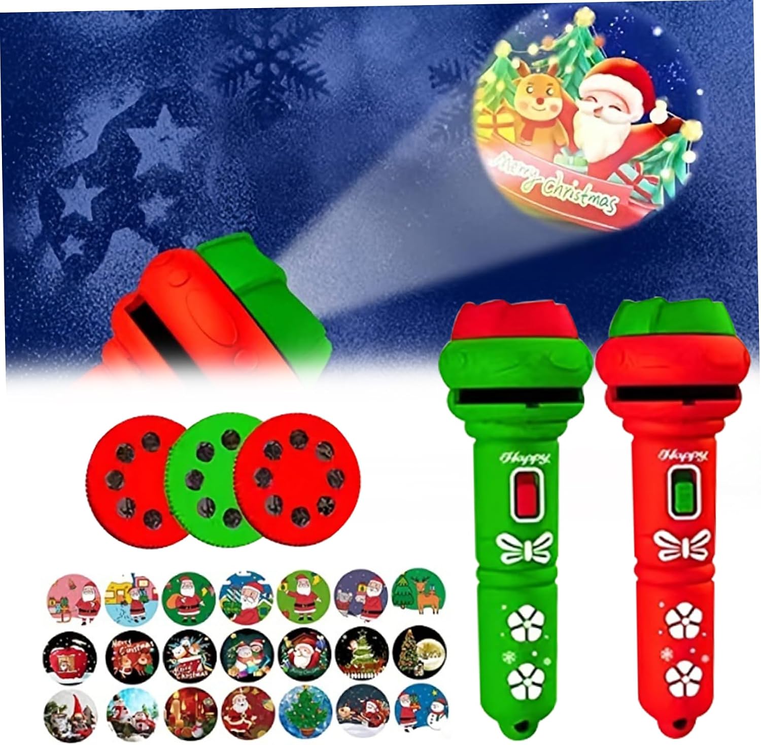 Set Mit 2 Kinder-taschenlampenprojektoren Mit 24 Verschiedenen Lichtmotiven Und Drehknopf. Batteriebetriebene Taschenlampe, Ein Schönes Weihnachtsgeschenk Für Kinder.