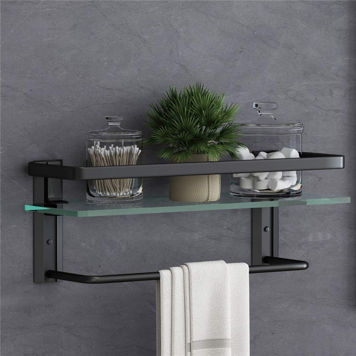 Badezimmerregal Aus Glas Mit Handtuchhalter, Schwarz, Wandmontiert, Rostfrei, Handtuchablage, 1-stufig (schwarz)