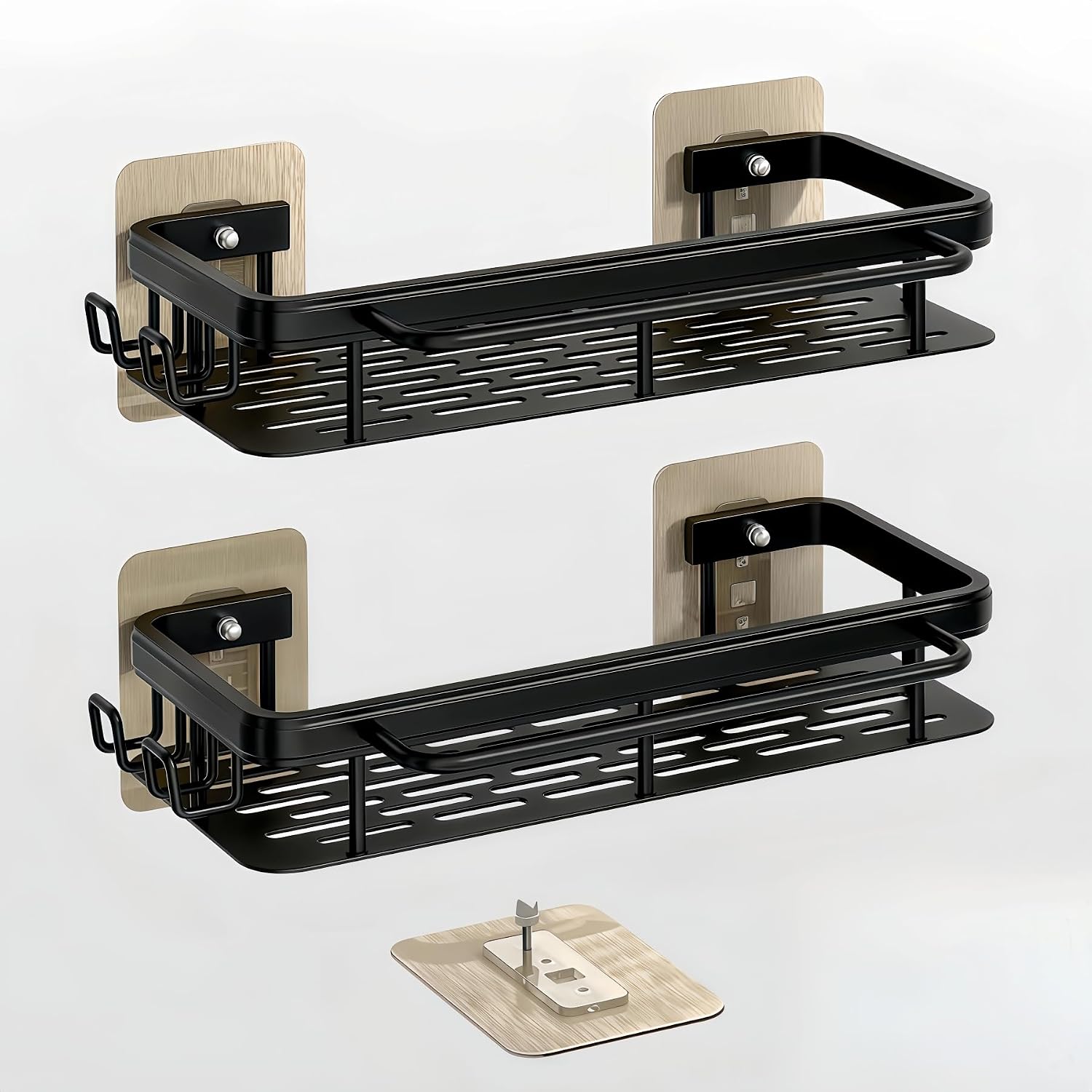 Set Aus 2 Selbstklebenden Duschablagen Aus Rostfreiem, Schwarzem Aluminium Mit Handtuchhalter Und Haken, Für Mehr Ordnung Und Stauraum Im Badezimmer Ohne Bohren, Kippsicherer Duschorganizer Für Die Du