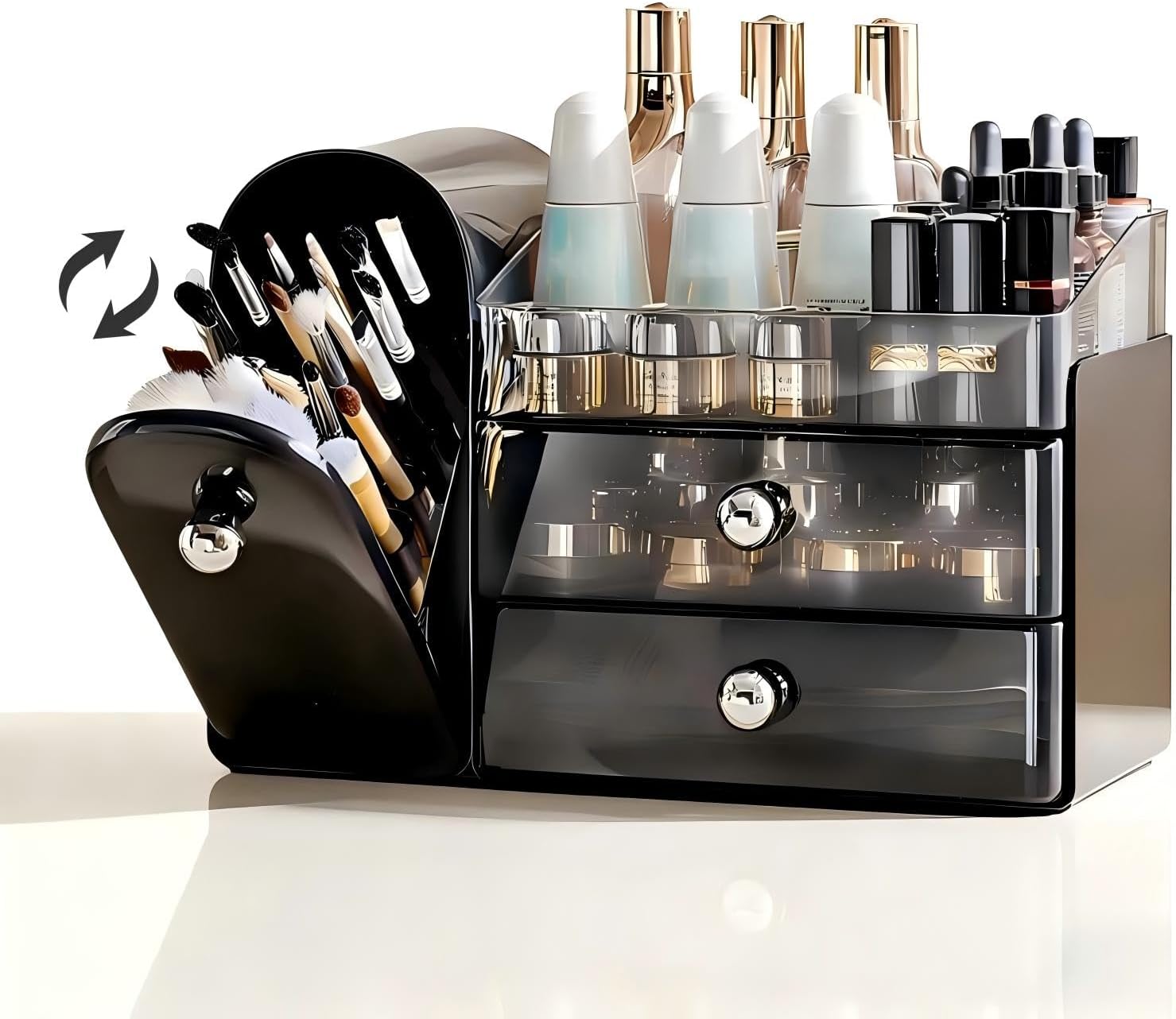 Kosmetik-organizer Mit Pinselhalter, Hautpflege-organizer Große Aufbewahrungsmöglichkeit Für Make-up, Organizer Für Die Badezimmerablage, Wasserdicht, Staubdicht, Robust, Leicht Zu Reinigen, Schwarz