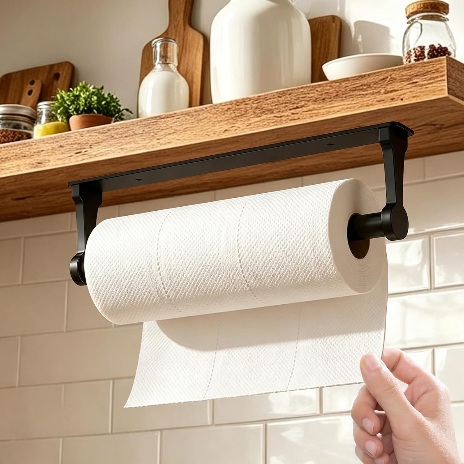 Schwarzer Küchenrollenhalter Aus Metall Zur Unterbaumontage Freistehender Oder Wandmontierter Küchenrollenhalter, Selbstklebender Papierhandtuchhalter Für Bad Und Wohnzimmer, Robust