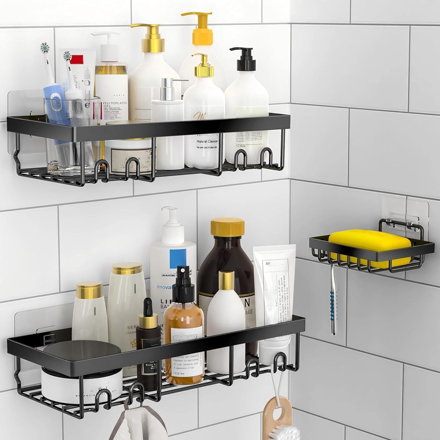 3-teiliges Duschregal-set Mit Seifenschale, Selbstklebende Wandmontage Ohne Bohren Und Ohne Spuren, Rostfreier, Schwarzer Duschablage-organizer