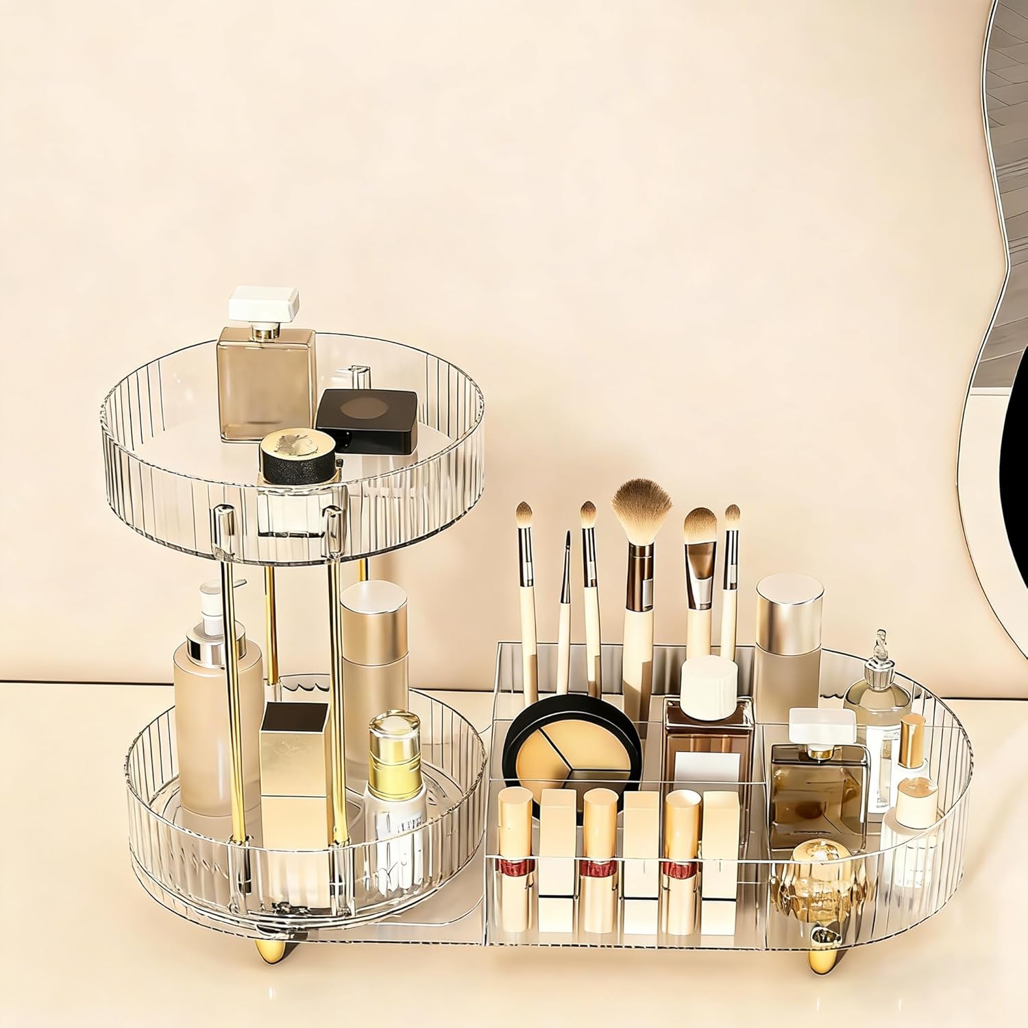360° Drehbarer, 2-stöckiger Make-up-organizer Für Badezimmer 2-in-1 Kosmetikkoffer, Aufbewahrungsregal Für Schminktisch, Badezimmer, Schlafzimmer (transparent)