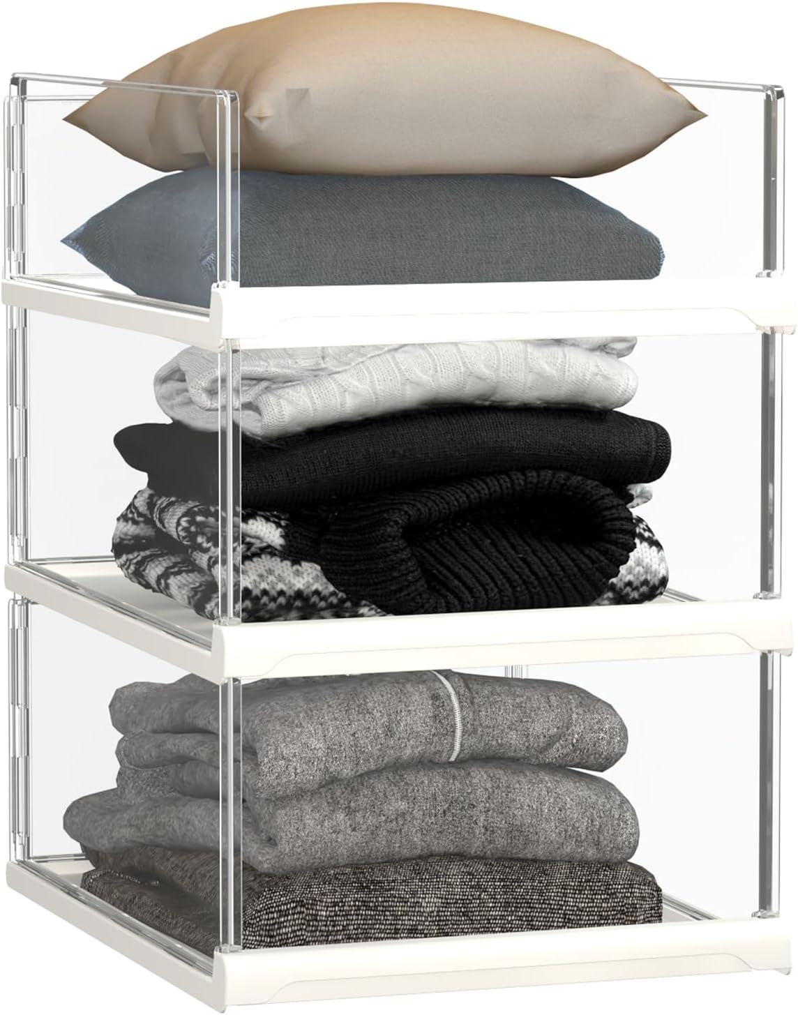 Set Aus 3 Stapelbaren Schrankorganisatoren Und Ablagefächern – Transparenter Organizer Für Pullover, Ideal Für Kleiderschränke, Badezimmer, Küchen, Garderoben, Waschküchen Und Büros