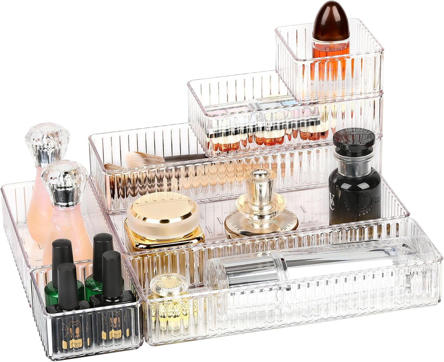 Set Mit 7 Transparenten Aufbewahrungsboxen Für Schubladen, Stapelbaren Tabletts In 4 Größen Für Make-up, Schubladenaufbewahrungsboxen, Schubladenablagen Für Büroschubladen, Schubladeneinsätze Für Küch