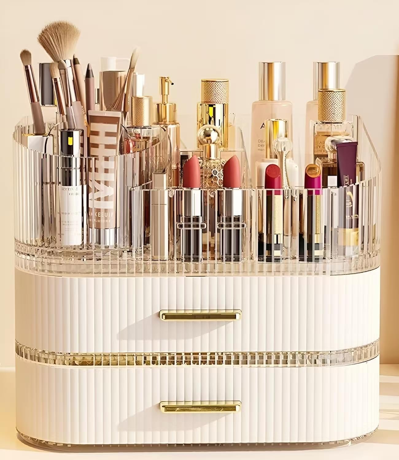 Make-up-organizer Mit 360° Drehbarem Pinselhalter, Stapelbaren Schubladen, Großem Kosmetikfach, Aufbewahrungsmöglichkeit Für Schminktische (cremeweiß, 3 Ebenen)
