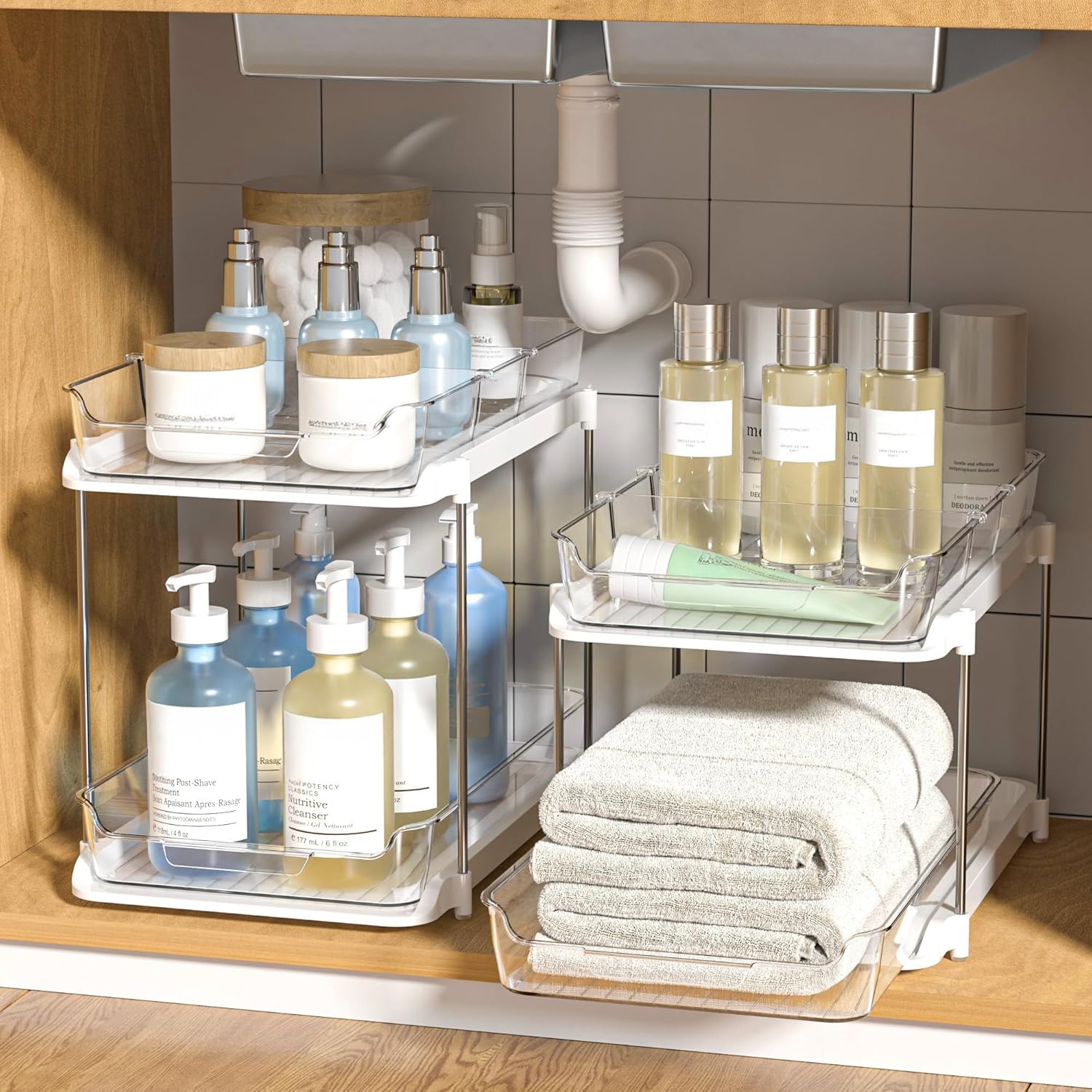 2er-set Multifunktionale, Zweistöckige Bad-organizer Für Unter Das Waschbecken Stapelbarer Vorratsschrank-organizer Ausziehbarer Medizinschrank-organizer Mit Herausnehmbaren Trennwänden Weiß 2er-set