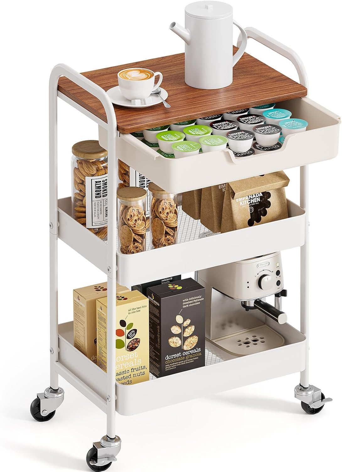Toolf 3-stöckiger Rollwagen Mit Schublade, Weißmetall Holzplatte, Feststellbare Metallräder, Ideal Für Badezimmer, Küche, Büro, Kinderzimmer, Studentenzimmer, Waschküche Oder Werkstatt.