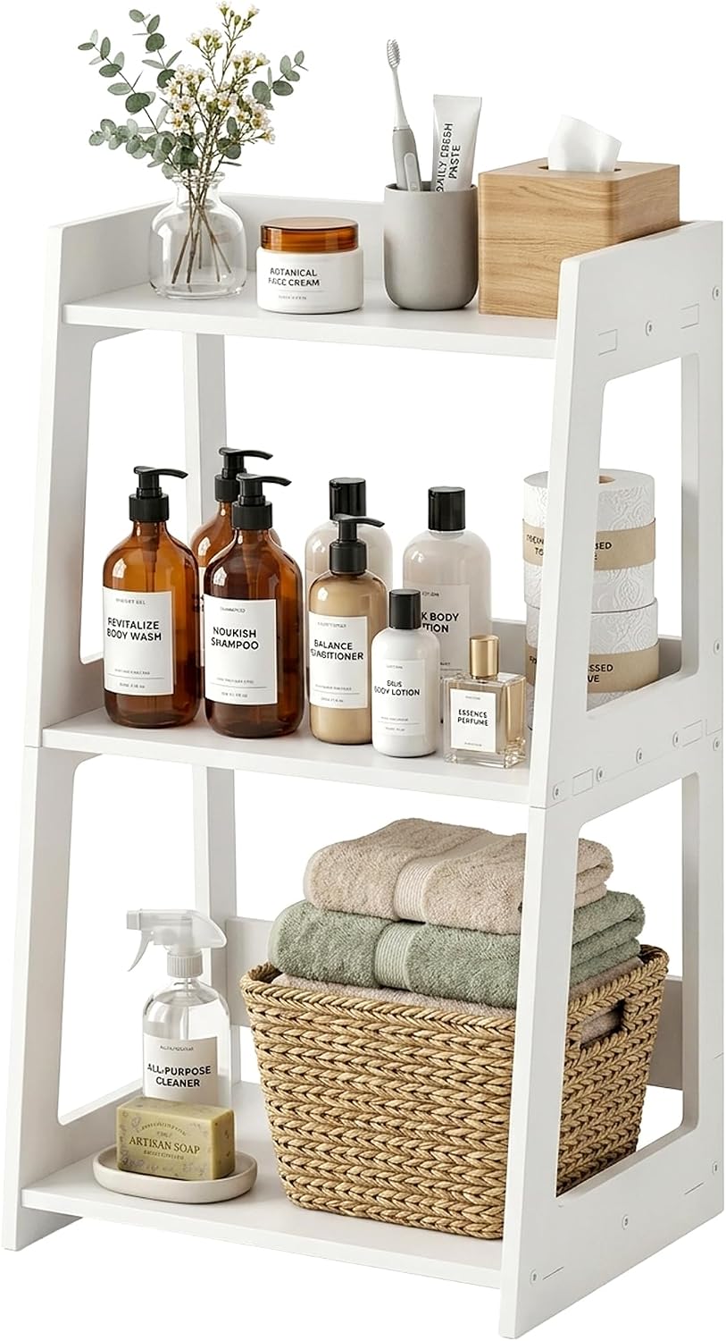Dreistufiges Leiterregal Für Badezimmer, Freistehend, 40 Cm (b) X 70 Cm (h) Weiße Pvc-bodenregale, Kleines Bücherregal, Nachttisch, Für Büro, Waschküche, Offene Präsentation, 30 Cm Tief