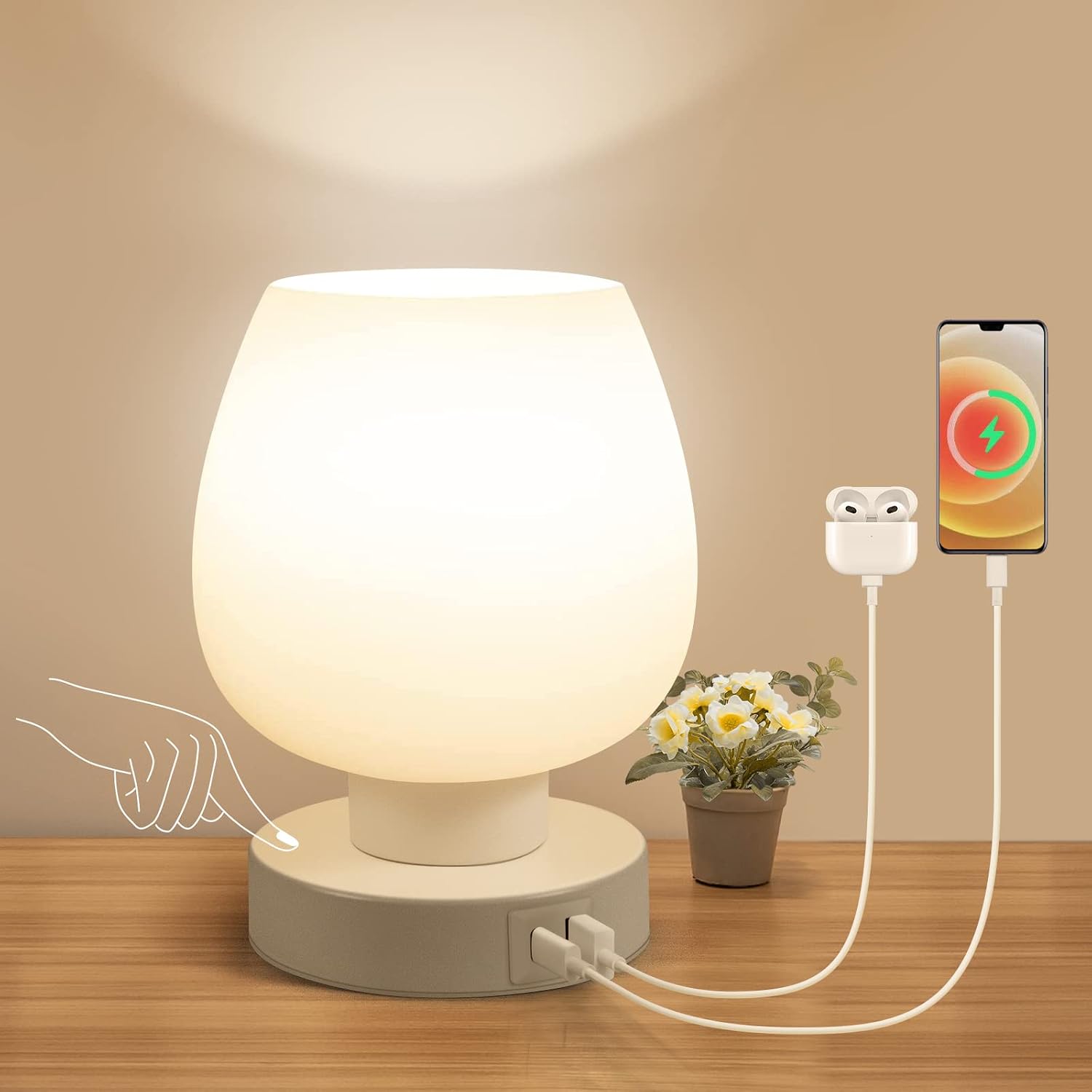 Touch-nachttischlampe – Kleine Schlafzimmerlampe Mit Usb-c- Und Usb-a-ladeanschluss, 3 Helligkeitsstufen, Schreibtischlampe Mit Weißem Opalglasschirm Und Warmweißer Led-leuchtmittel, Elegantes Design,