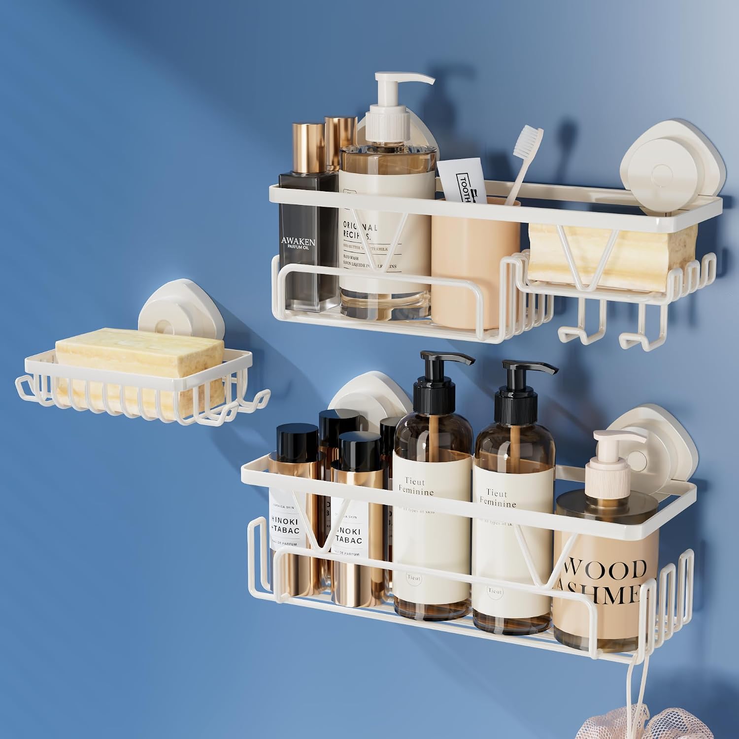 3-teiliges Duschablage-set Mit Saugnapf Und Seifenschale, Cremeweiß Duschregal Mit Saugnapf, Badezimmer-organizer, Für Bad/küche/waschküche