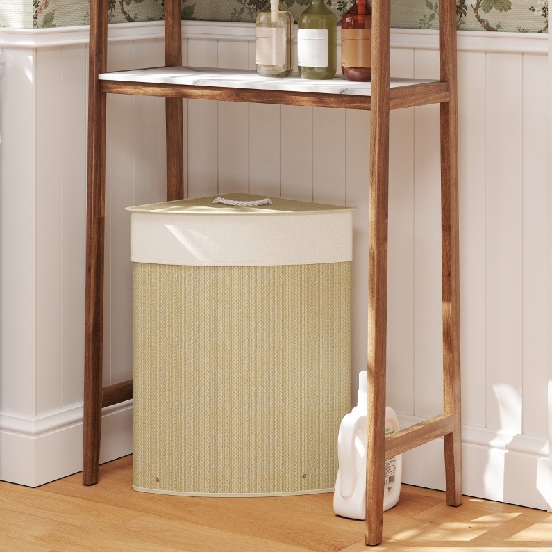 Eck-wäschekorb 35x35x60 Cm Aus Bambus Creme Mit Waschbarem Sack, Platzsparend – Meubliv
