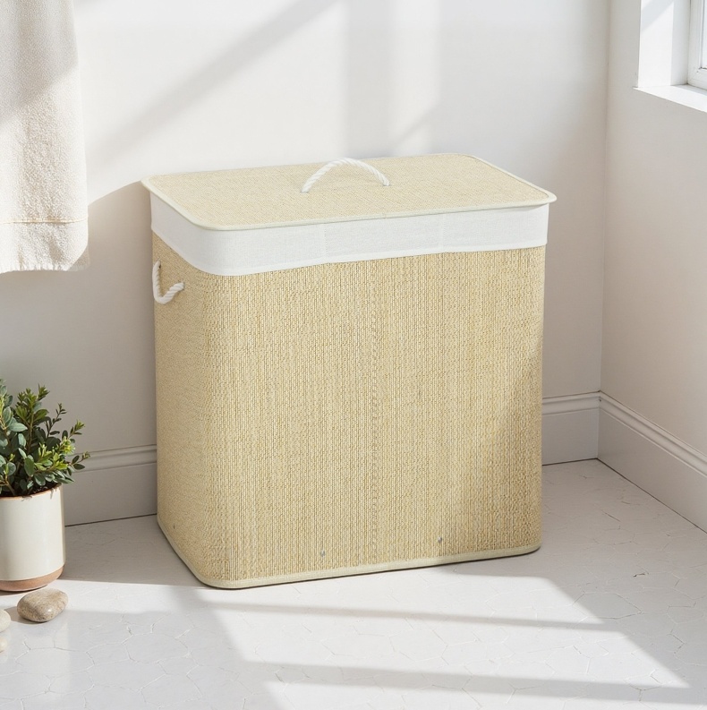 Bambus-wäschekorb 52x32x63 Cm Creme Mit Deckel, 3 Fächer, Platzsparend – Meubliv