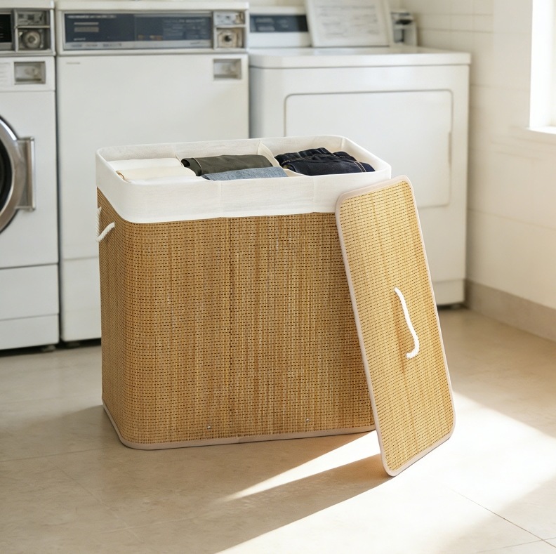 Wäschekorb Aus Bambus 60x40x60 Cm Braun, 3 Fächer Mit Deckel, Platzsparend – Meubliv