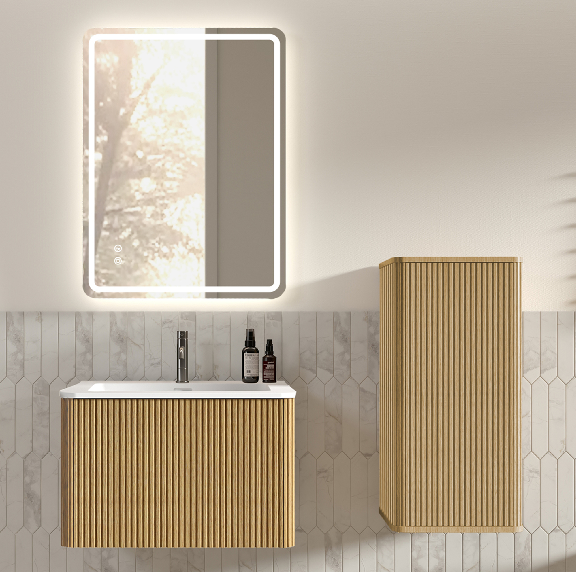 Hängendes Waschtisch-set 61x46,5x37 Cm In Eichenoptik Mit Led-spiegel – Meubliv