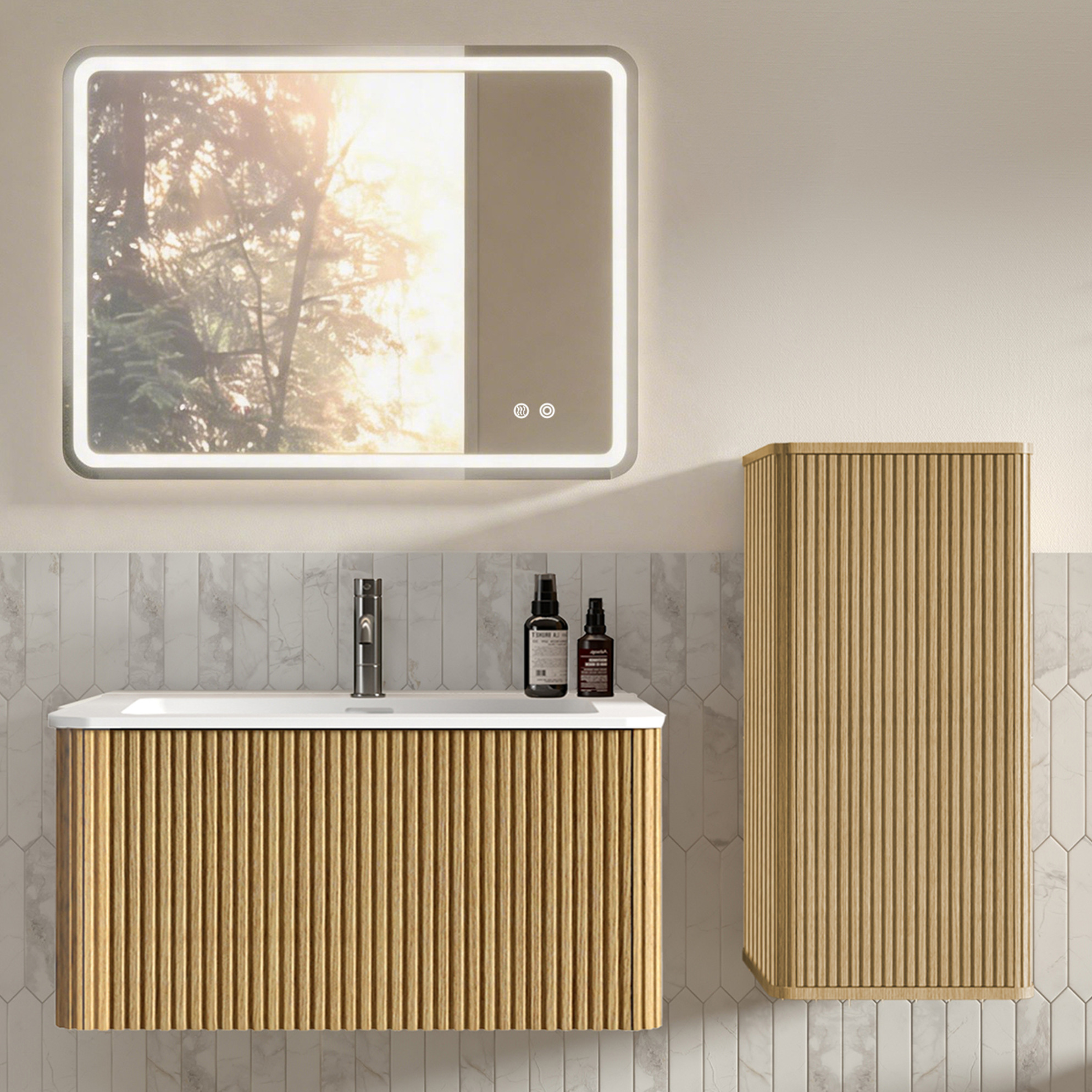 Wand-badmöbel 81 X 46,5 X 37 Cm Aus Mdf Eiche Mit Led-spiegel Und Stauraum – Meubliv