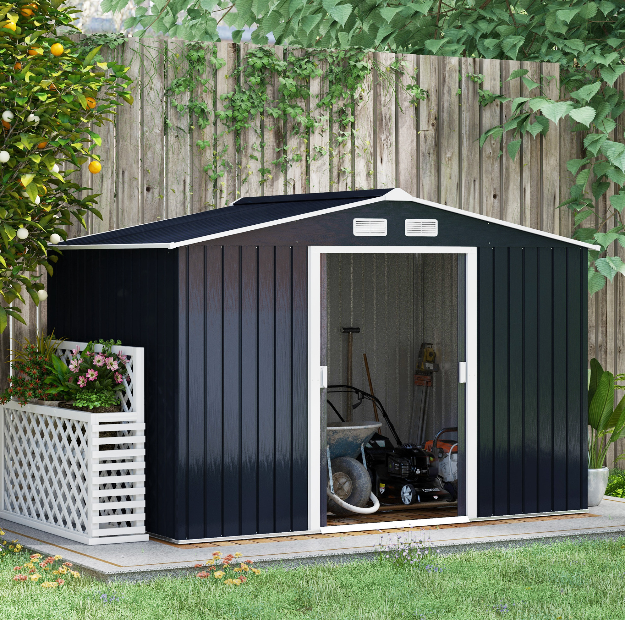 Gartenhaus 277x195x192 Cm Stahl Dunkelgrau, Schiebetüren, Platzsparend – Meubliv