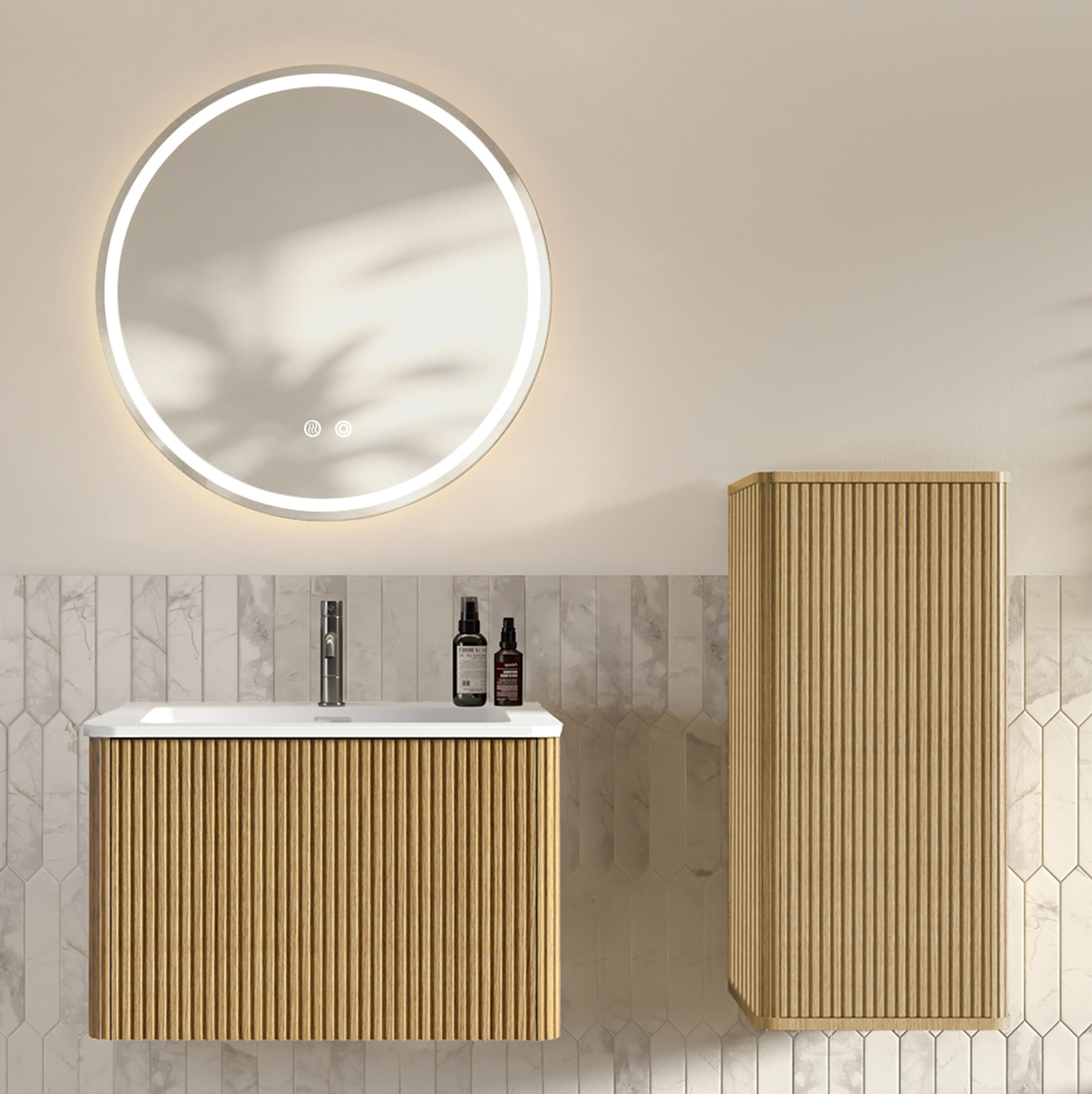 Badezimmer-waschtischunterschrank 60 Cm Mdf Und Glas Eiche, Led-spiegel, Platzsparend – Meubliv