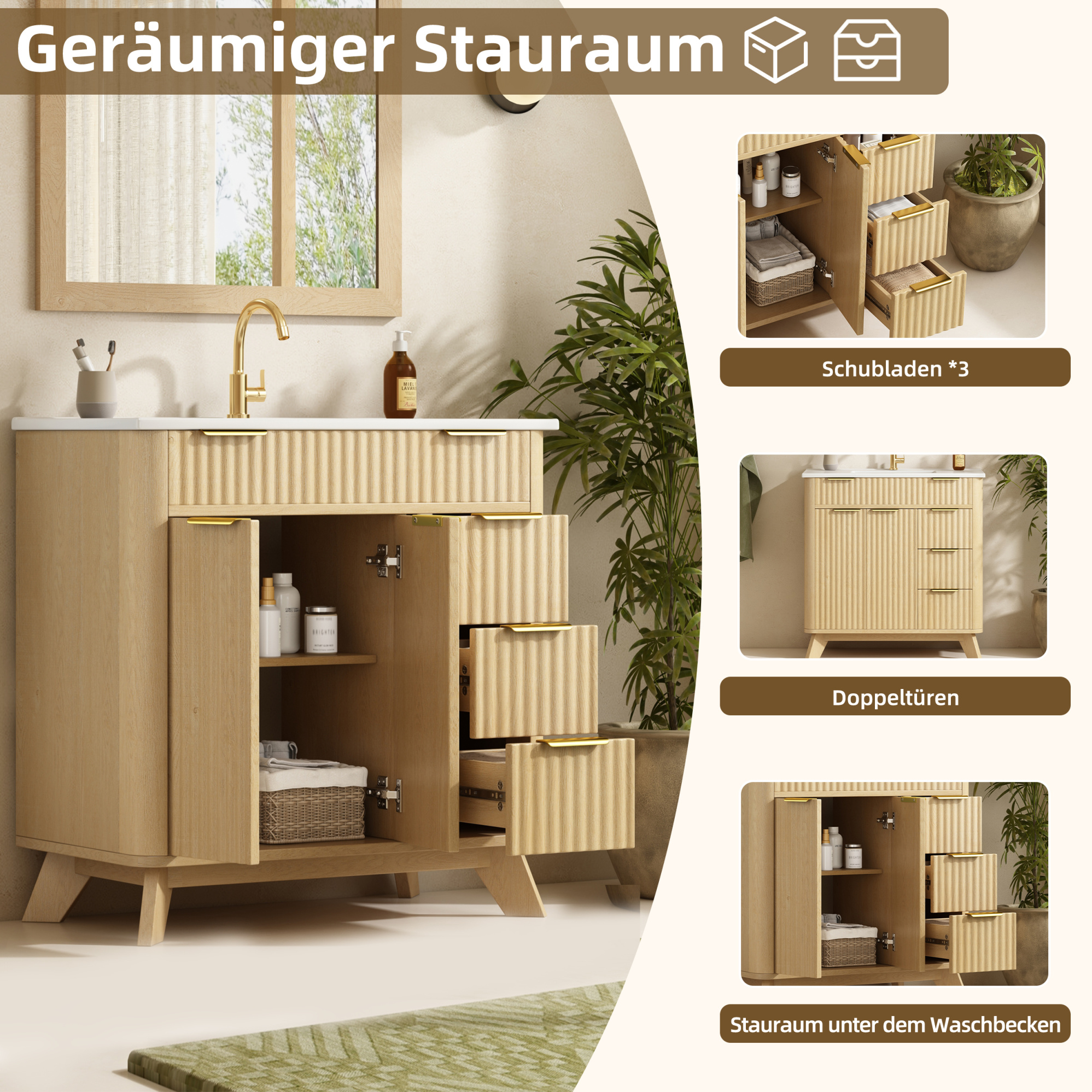 Waschtischunterschrank 81x47x90 Cm Mdf/keramik Natur, 3 Schubladen, Platzsparend – Meubliv