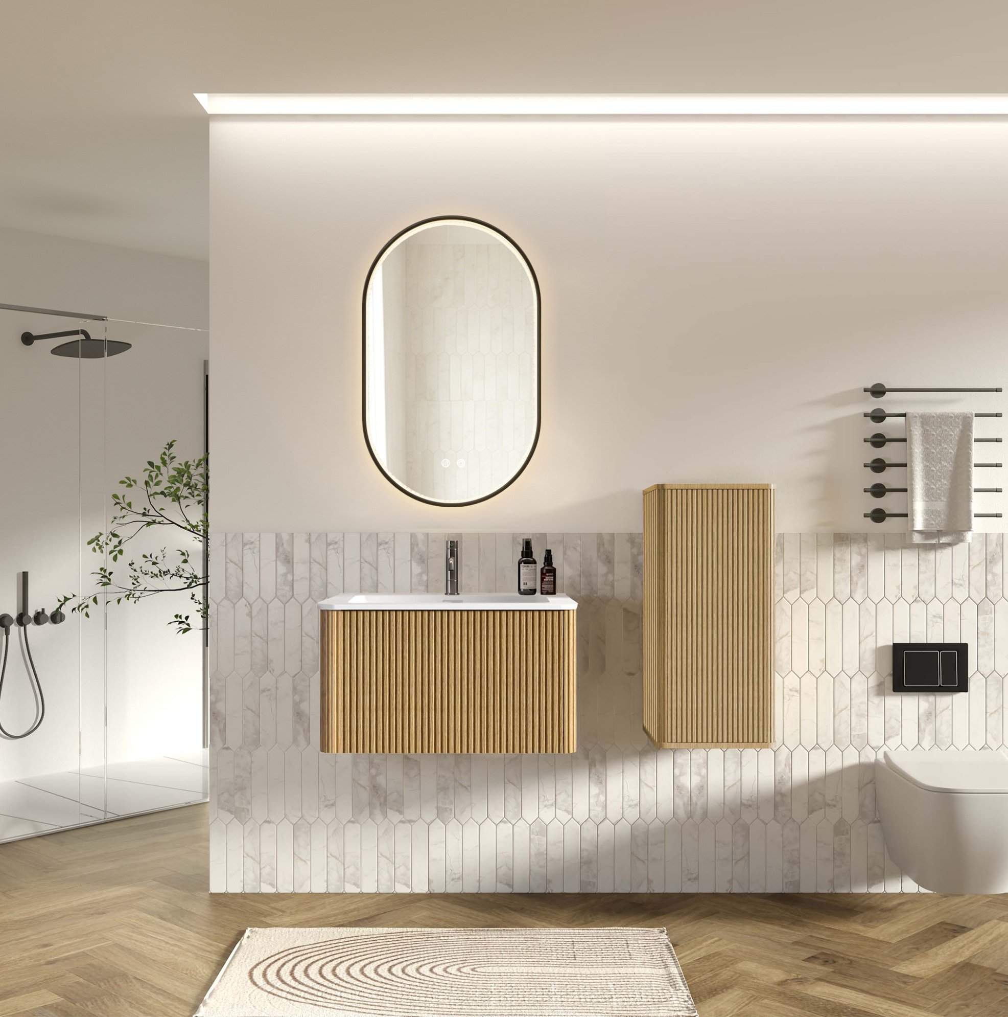 Badezimmermöbel-set 80 Cm Aus Mdf In Eichenoptik Mit Led-spiegel, Platzsparend – Meubliv