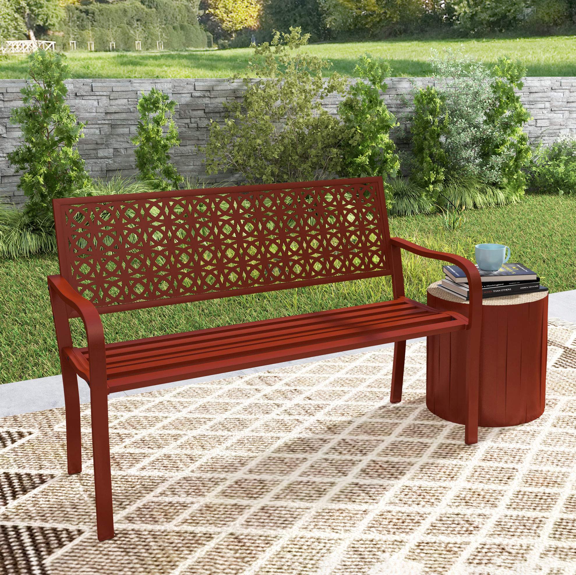 Gartenbank 127x63x85 Cm Aus Stahl, Rot, Mit Rückenlehne Und Armlehnen – Meubliv