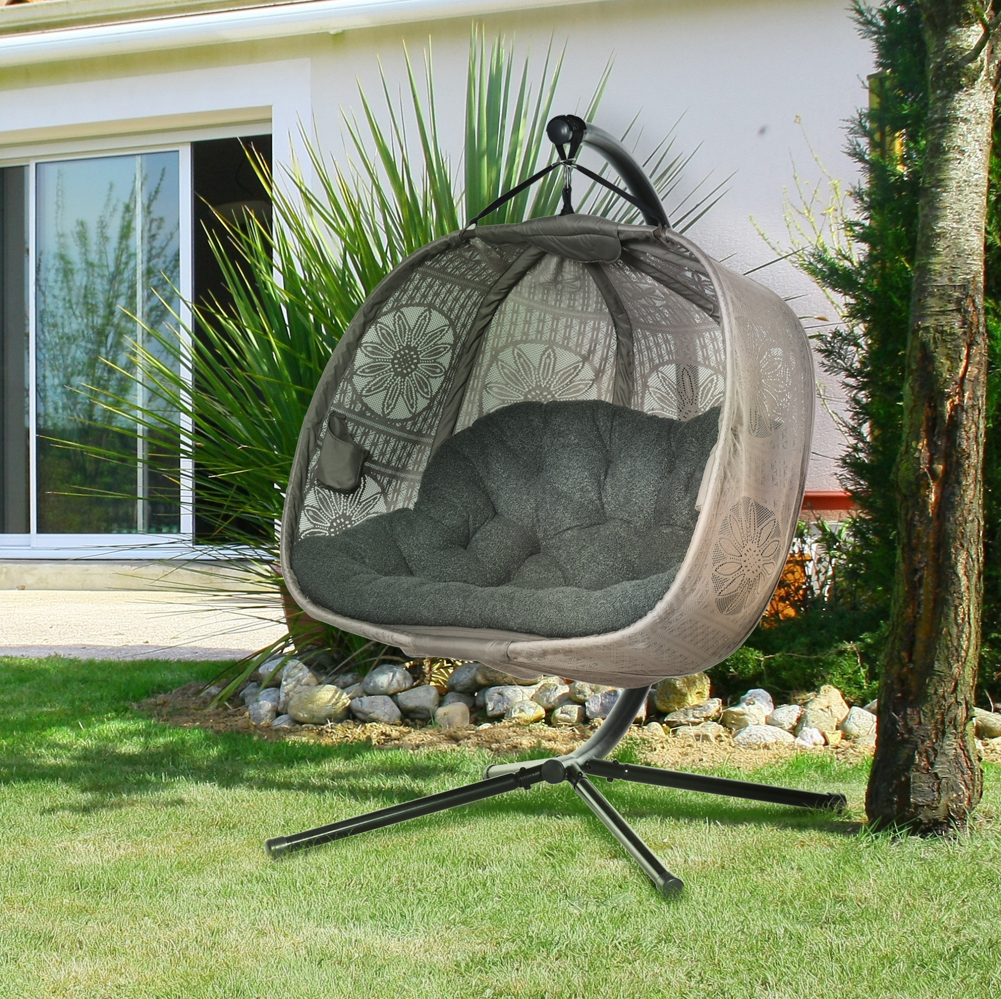 2-sitzer Hängesessel 132x126x172 Cm Aus Stahl Sandfarben Klappbar Für Balkon – Meubliv