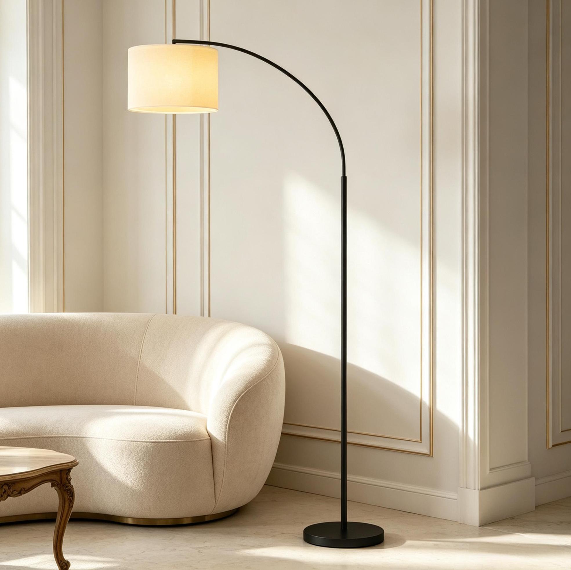 Bogen-stehlampe 104,2 X 32 X 180,6 Cm, Metall Schwarz Und Stoff Creme, Fernbedienung – Meubliv