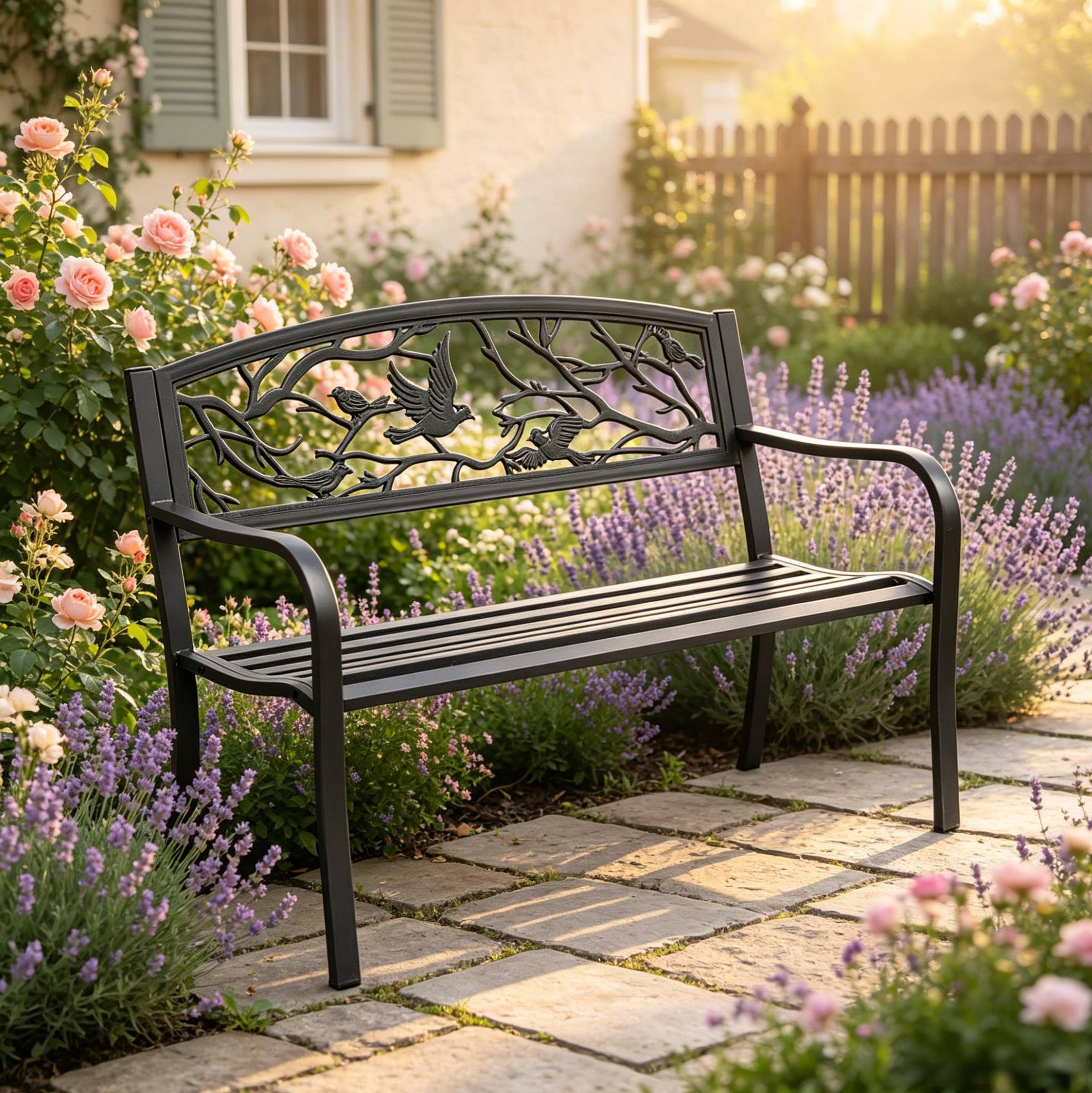 Gartenbank 127x60x85 Cm Aus Schwarzem Metall Mit Armlehnen, Für Terrasse – Meubliv