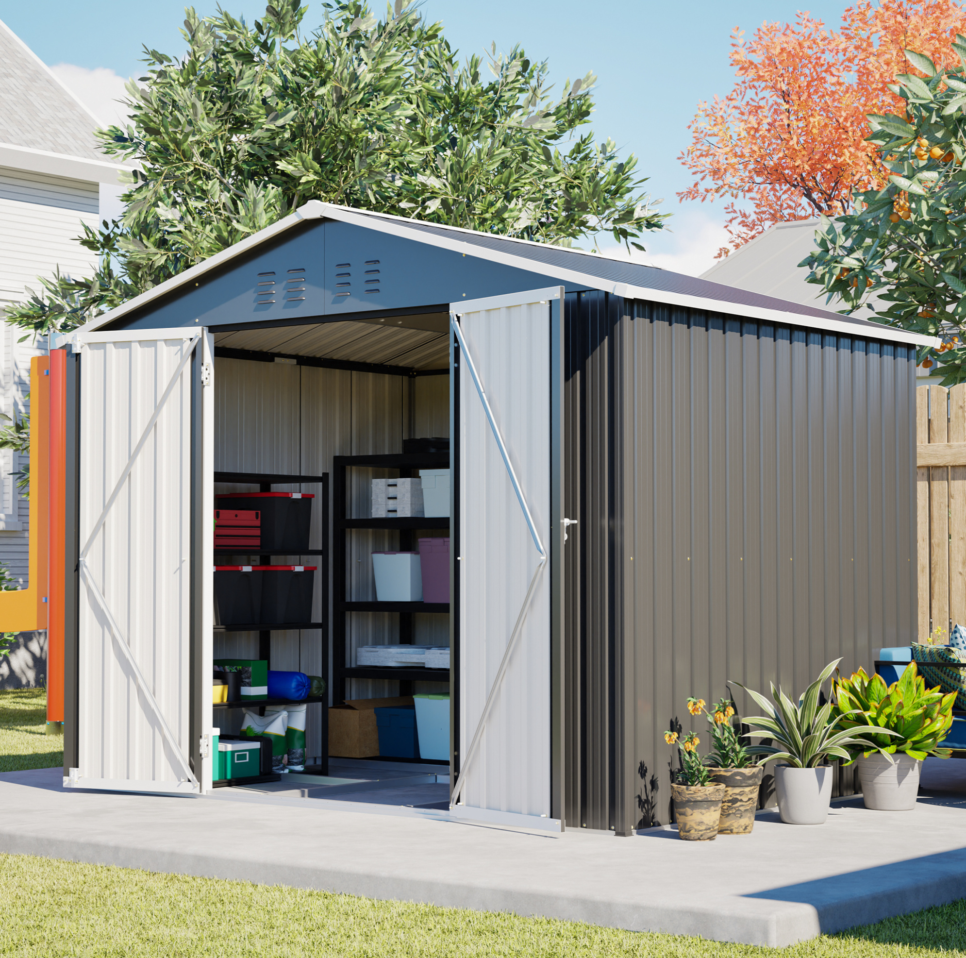 Metall-gartenhaus 240,4 X 192,3 X 191 Cm Schwarz Mit Schiebetür Für Kleine Gärten – Meubliv