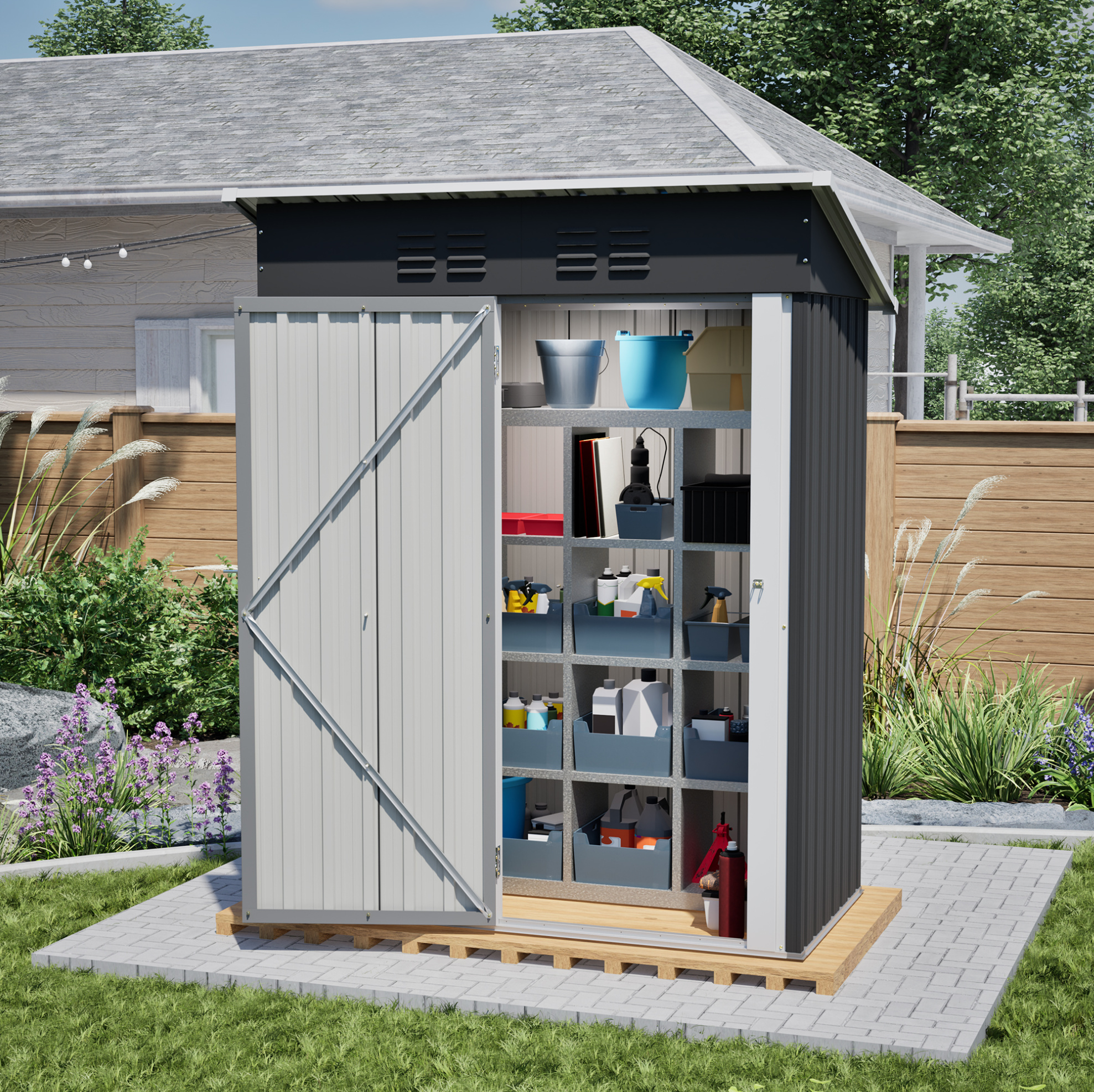 Metall-gartenhaus 152,2x83,6x182 Cm Schwarz, Abschließbare Tür, Platzsparend – Meubliv