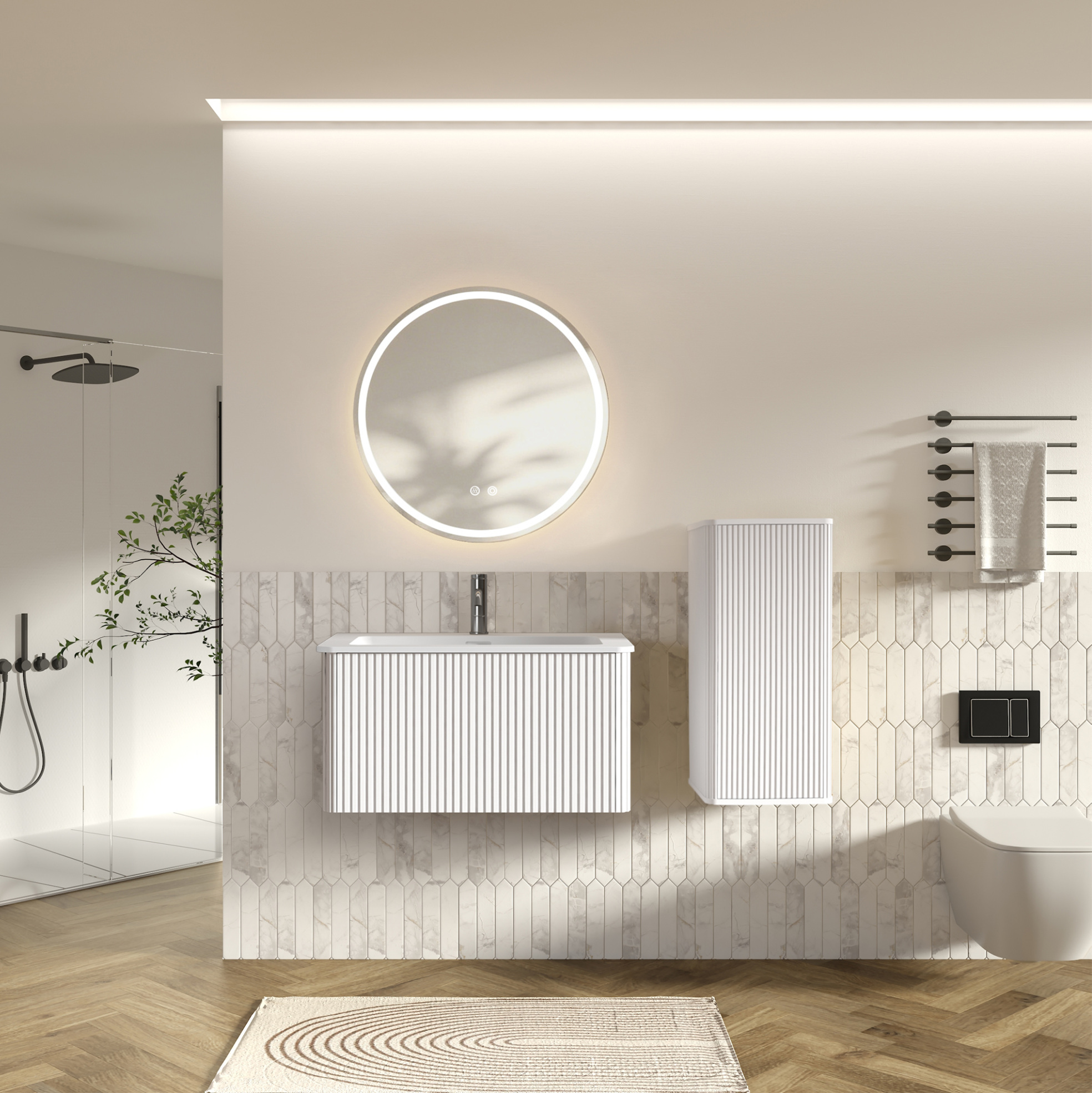 Hängender Waschtischunterschrank 80 Cm Aus Weißem Mdf Mit Led-spiegel – Meubliv