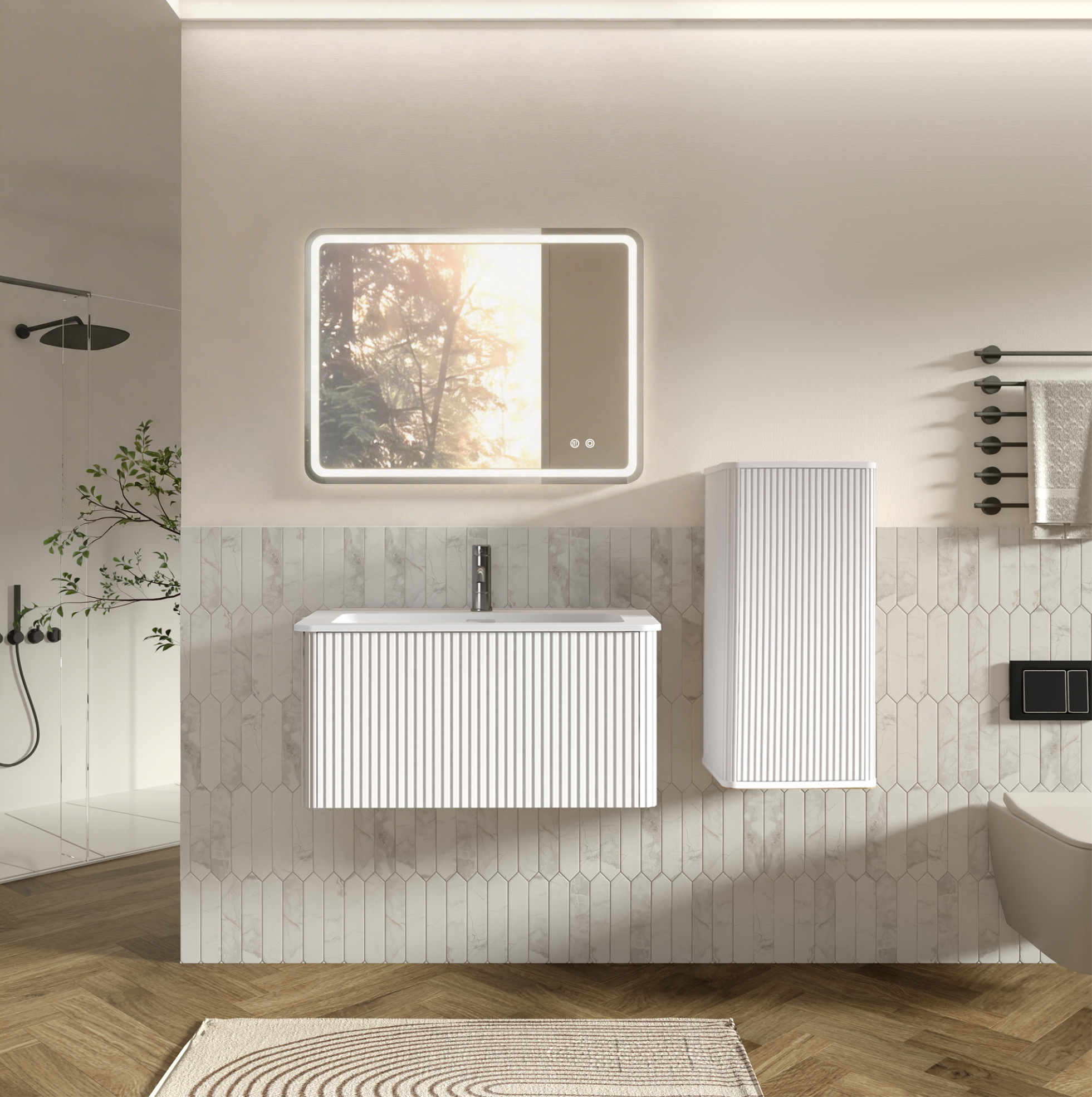 Wand-waschtisch 81x46,5x37 Cm Aus Weißem Mdf Mit Led-spiegel – Meubliv