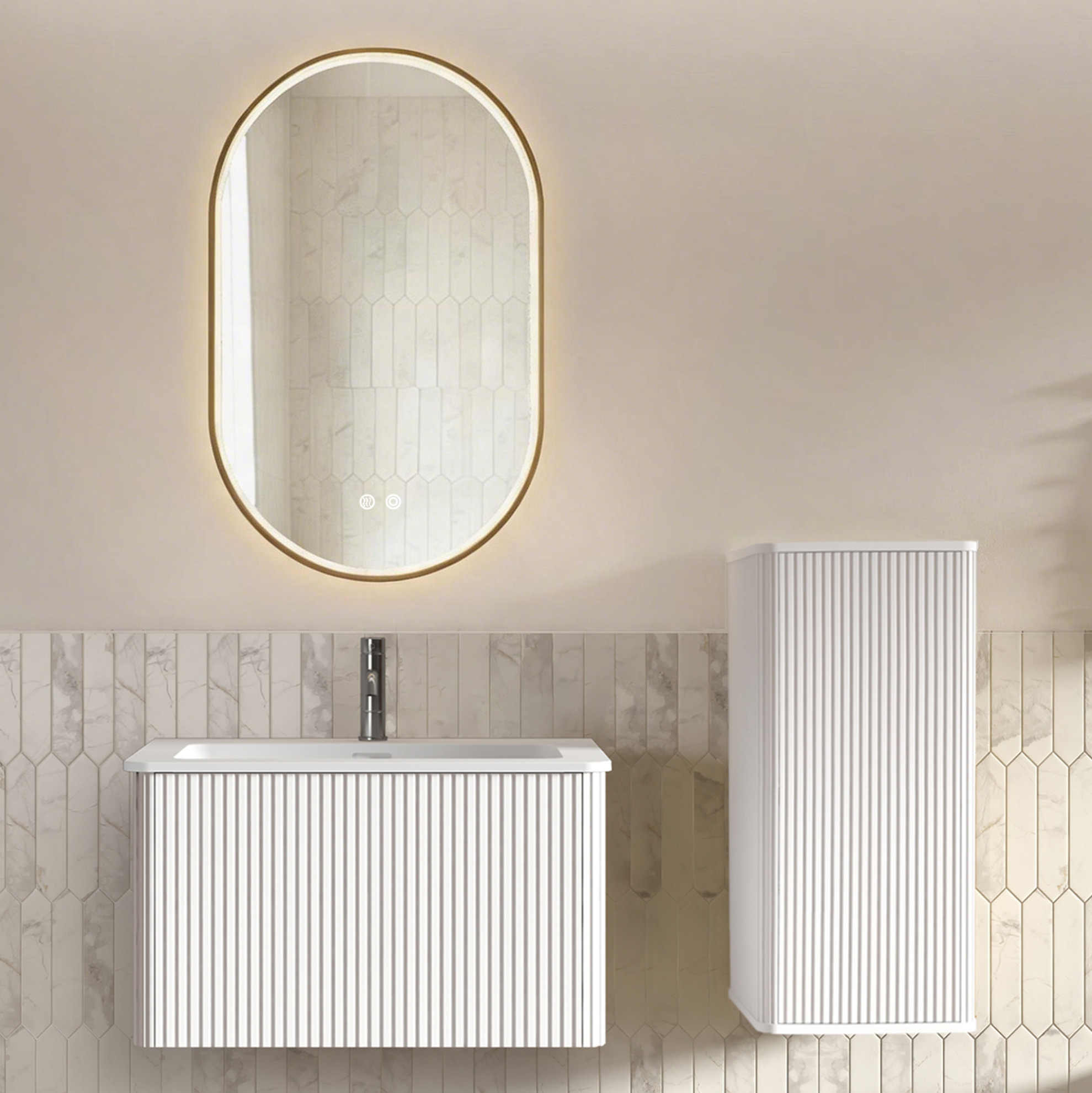 Wandwaschtisch 80 Cm Aus Weißem Mdf Mit Led-spiegel Und Stauraum – Meubliv