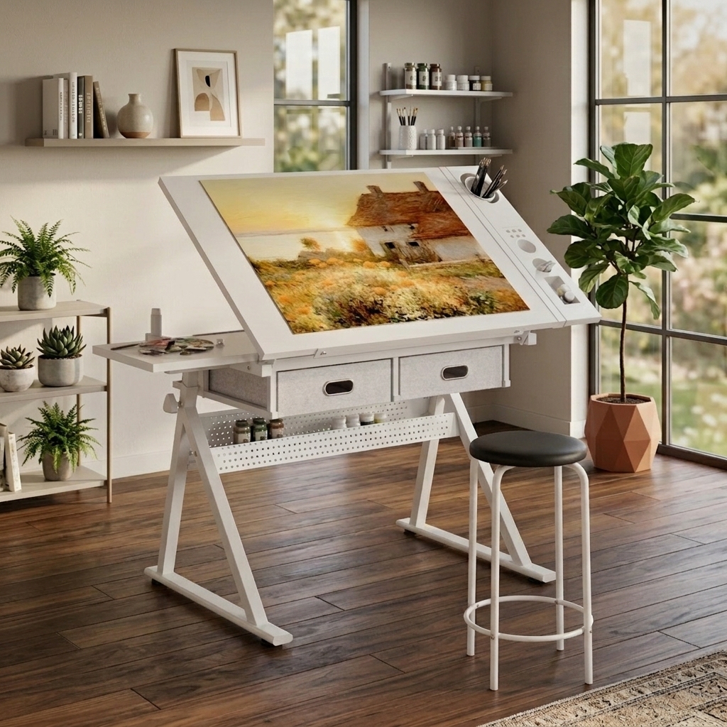 Zeichentisch Verstellbar Mit 2 Schubladen Und Hocker, Neigbare Tischplatte, Schreibtisch, Zuhause Und Schule, 98×66×91 Cm