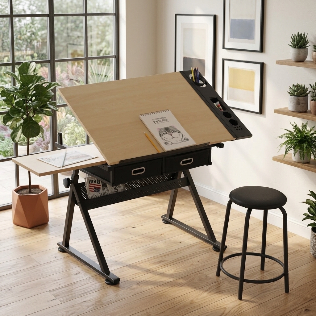 Zeichentisch Verstellbar Mit 2 Schubladen Und Hocker, Neigbarer Tischplatte, Für Home Office Und Lernen, Mdf, Ahorn