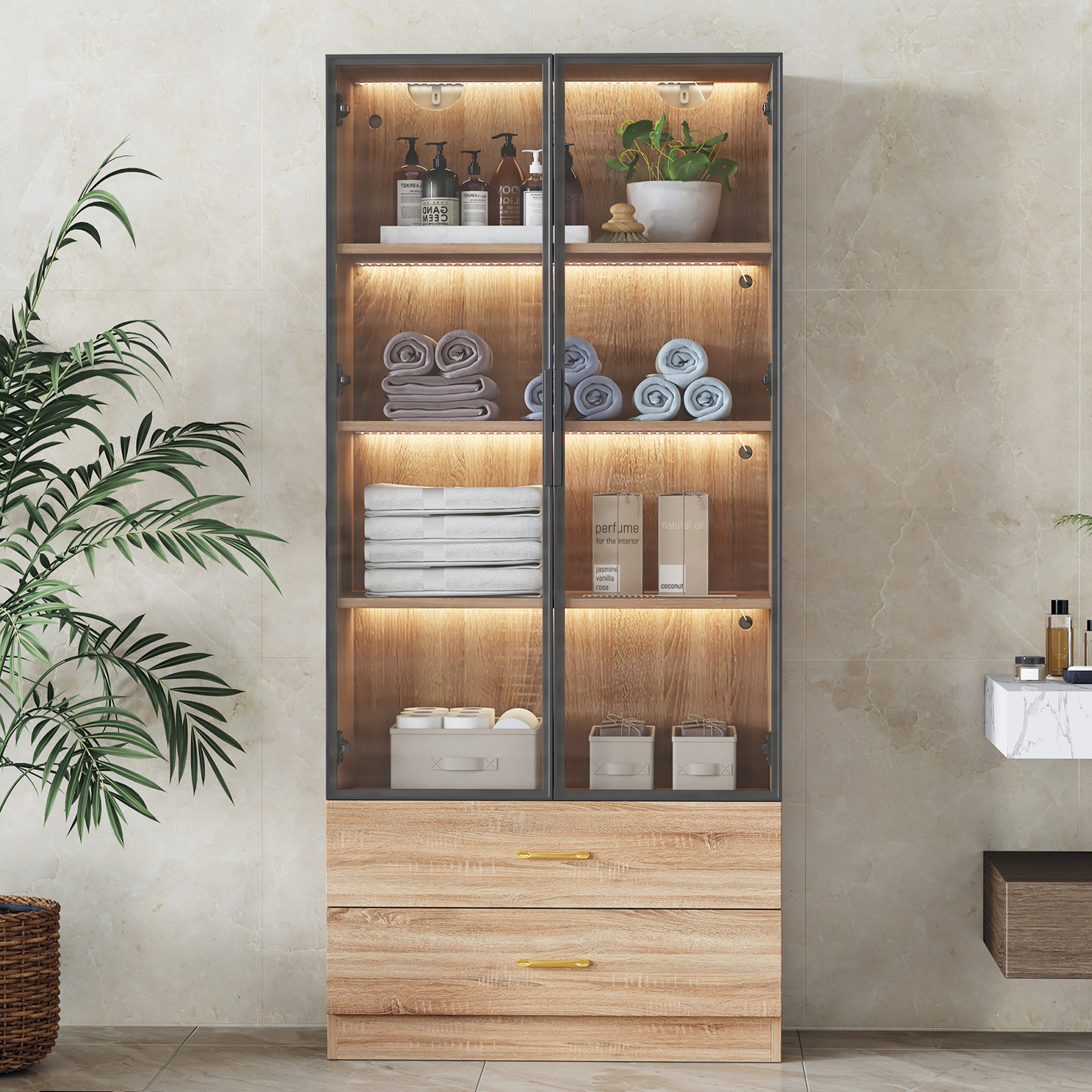 Badezimmerschrank Mit Offenen Fächern Und Glastüren, Hochschrank, Für Badezimmer, 75 × 34.5 × 170 Cm