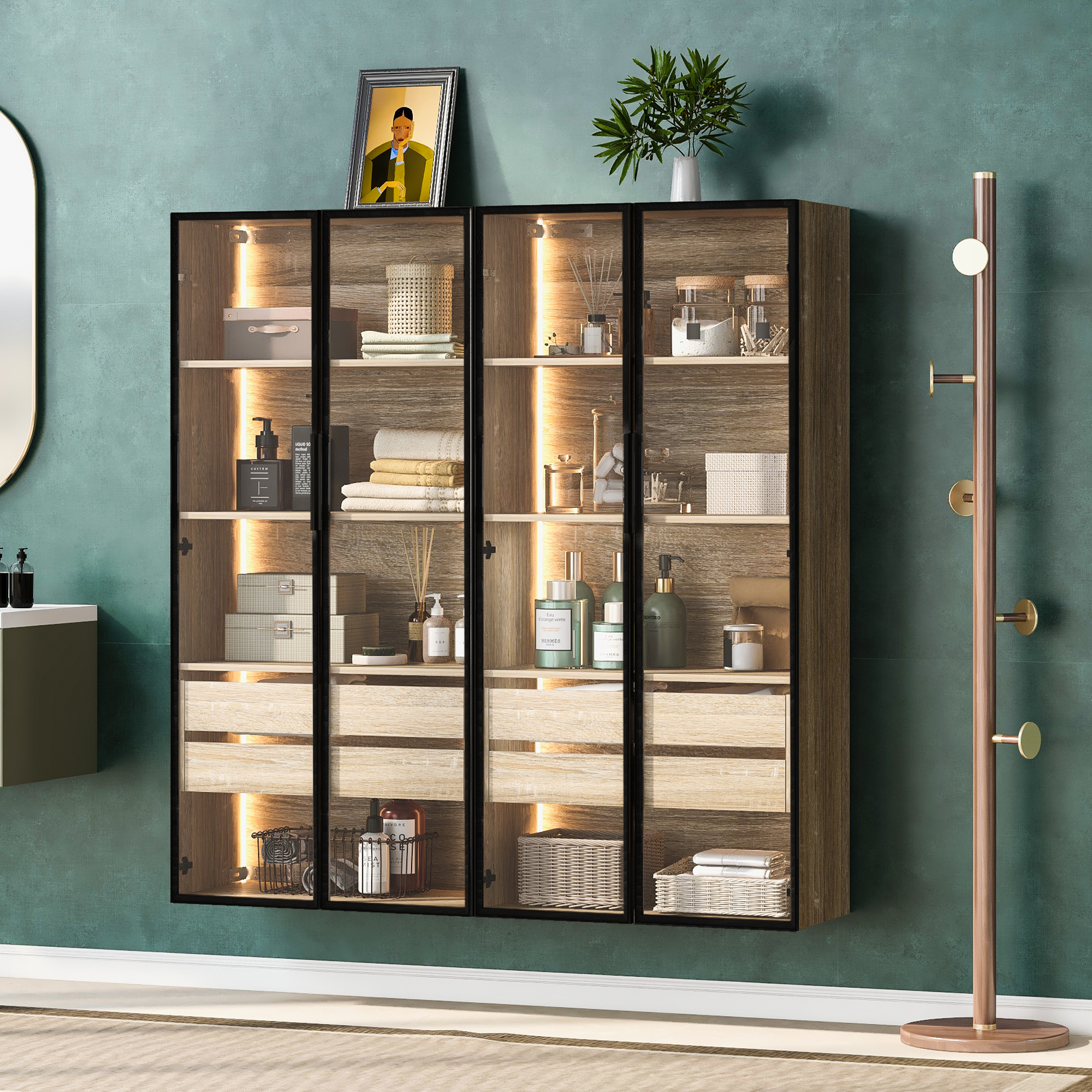 Badezimmerschrank Mit Offenen Regalen Und Schubladen, Led, Für Badezimmer, Mdf, 74 × 36 × 155 Cm
