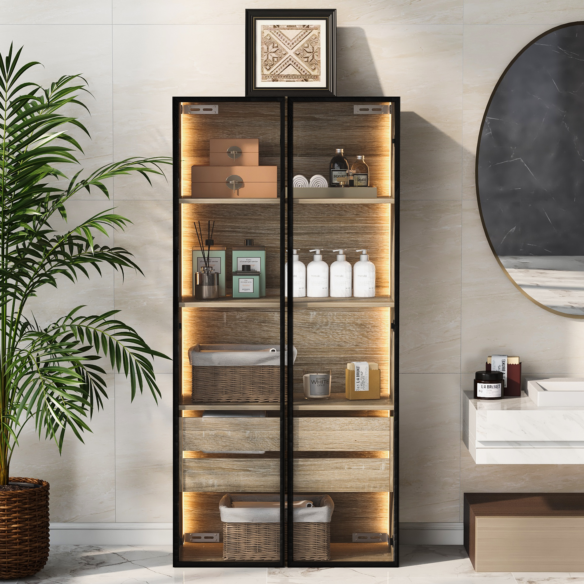 Badezimmerschrank Mit 2 Schubladen, 2 Türen, Led, Offenen Fächern, 74 × 36 × 155 Cm, Mdf, Natur