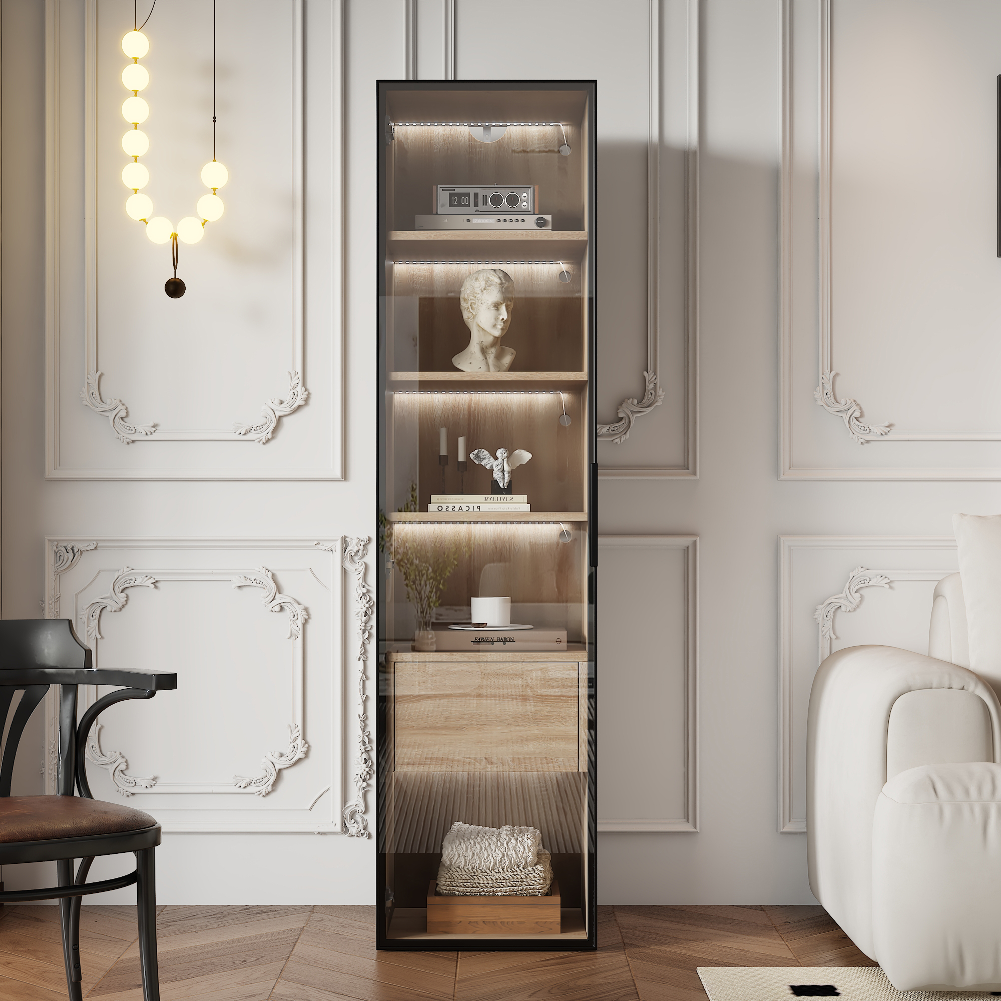 Badezimmerschrank Mit Offenen Fächern Und Tür Aus Gehärtetem Glas, Für Badezimmer, Mdf, 40 × 34.5 × 165 Cm, Natur