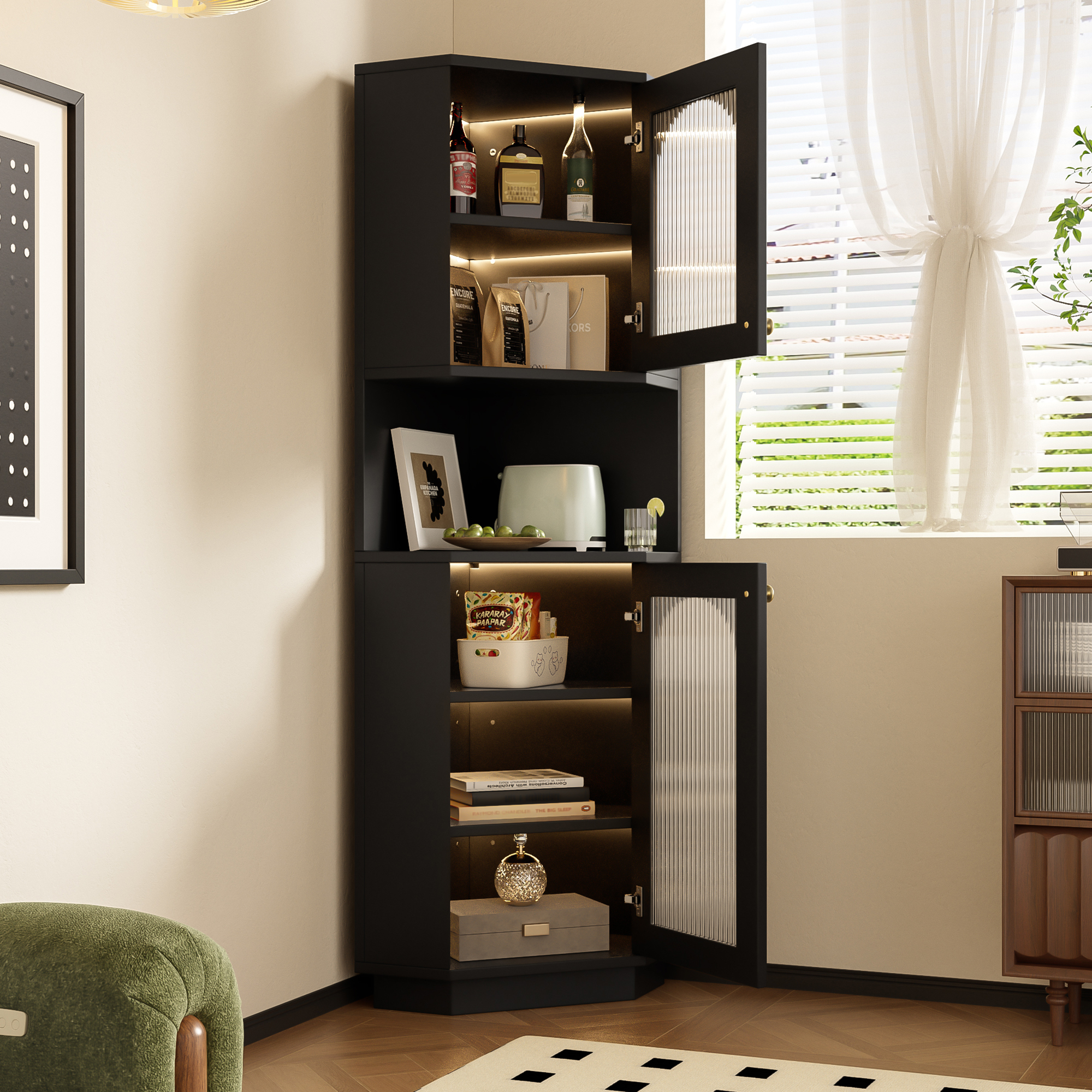 Badschrank Eckschrank Mit 2 Ablagefächern Und Verstellbaren Einlegeböden, Led, Für Bad, 45×45×166.5 Cm