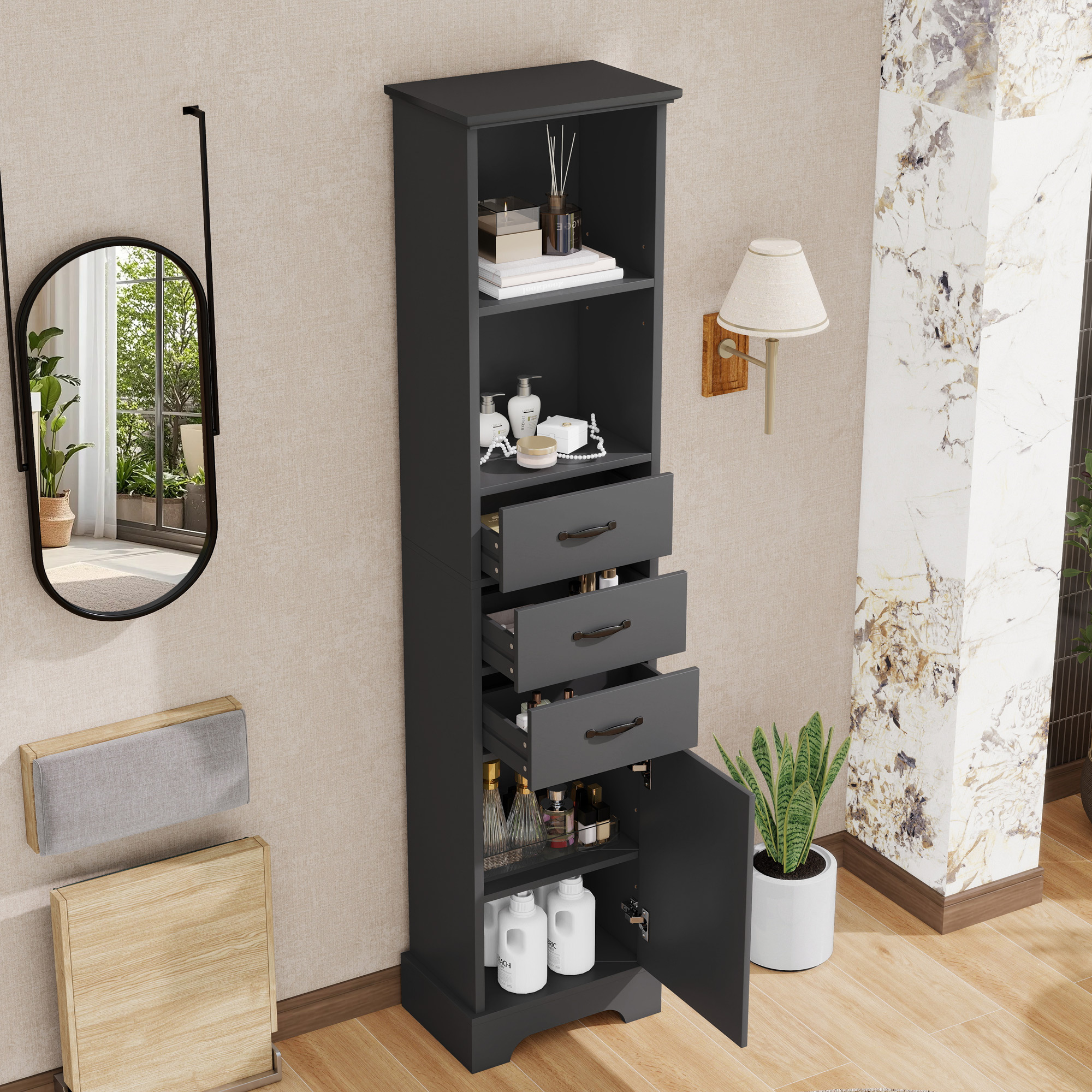 Badezimmerschrank Modern Mit 3 Schubladen Und 1 Tür, Verstellbare Einlegeböden, Für Badezimmer, 38 × 26 × 172.5 Cm, Mdf, Schwarz