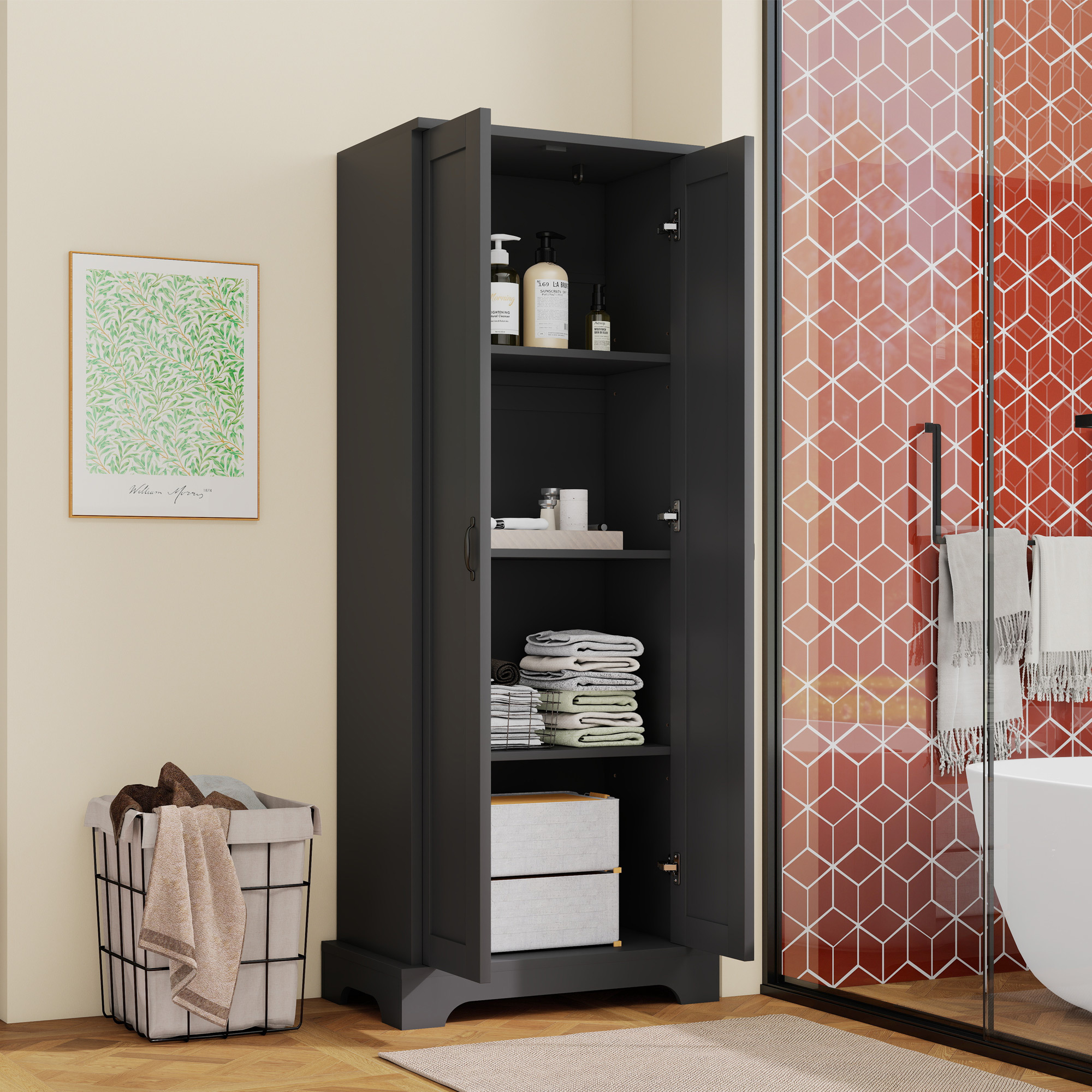 Moderner Badezimmerschrank Mit 2 Türen Und 4 Fächern, Verstellbare Einlegeböden, Schwarz, 56 × 40 × 170 Cm
