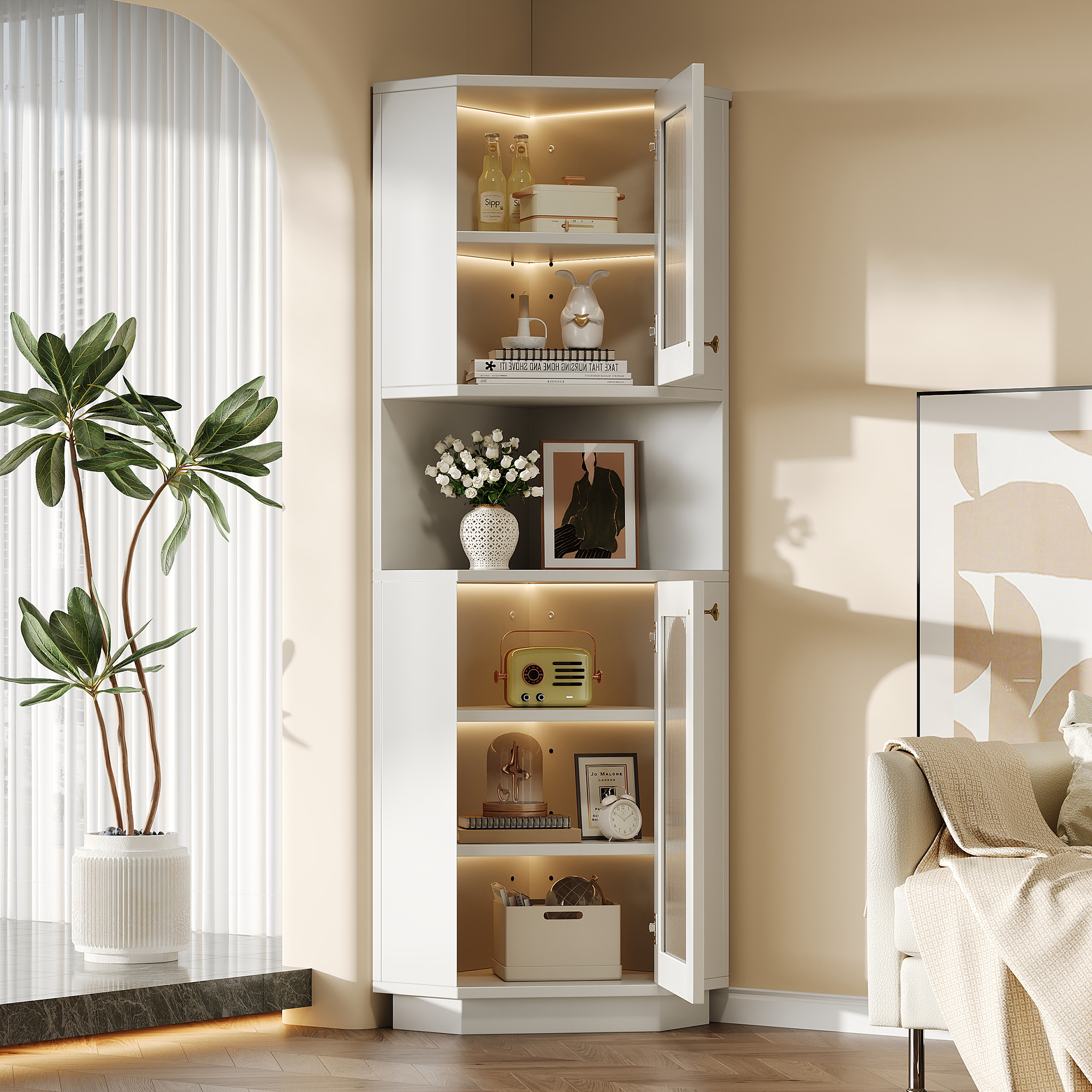 Badschrank Eckschrank Mit 1 Tür, Offenen Fächern, Verstellbaren Einlegeböden Und Led, Für Bad, 45 × 45 × 166.5 Cm