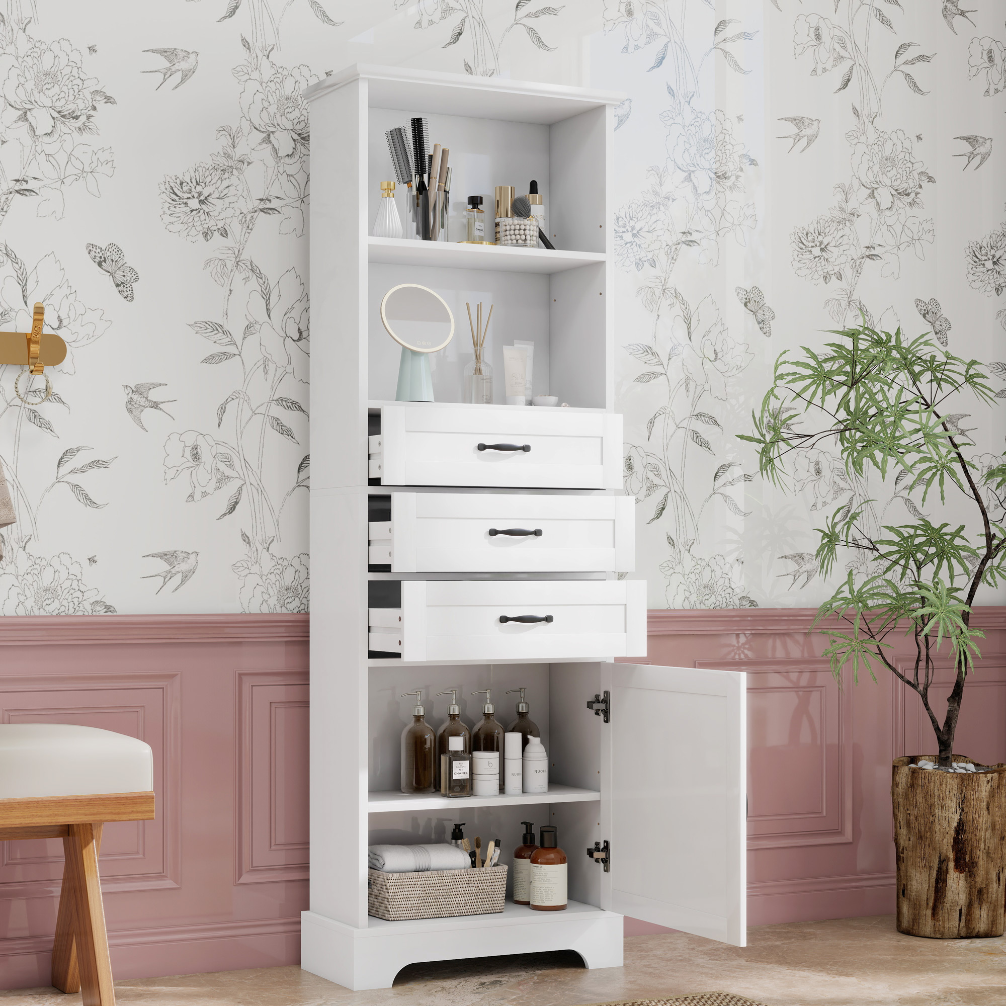 Badezimmerschrank Mit 1 Tür Und 3 Schubladen, Offene Fächer Und Verstellbare Einlegeböden, Weiß, 56 × 25,6 × 167 Cm